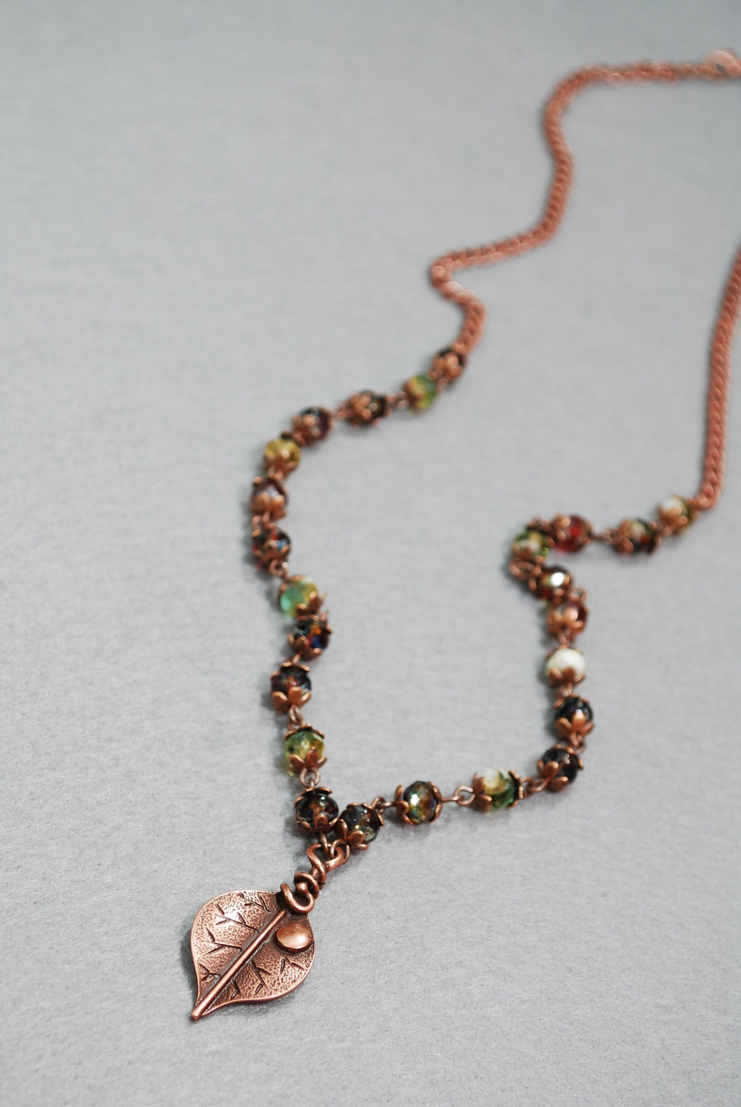 Elegant long beaded leaf charm necklace, Tibetan agate Dzi Beads necklace, autumn colors, Copper & green