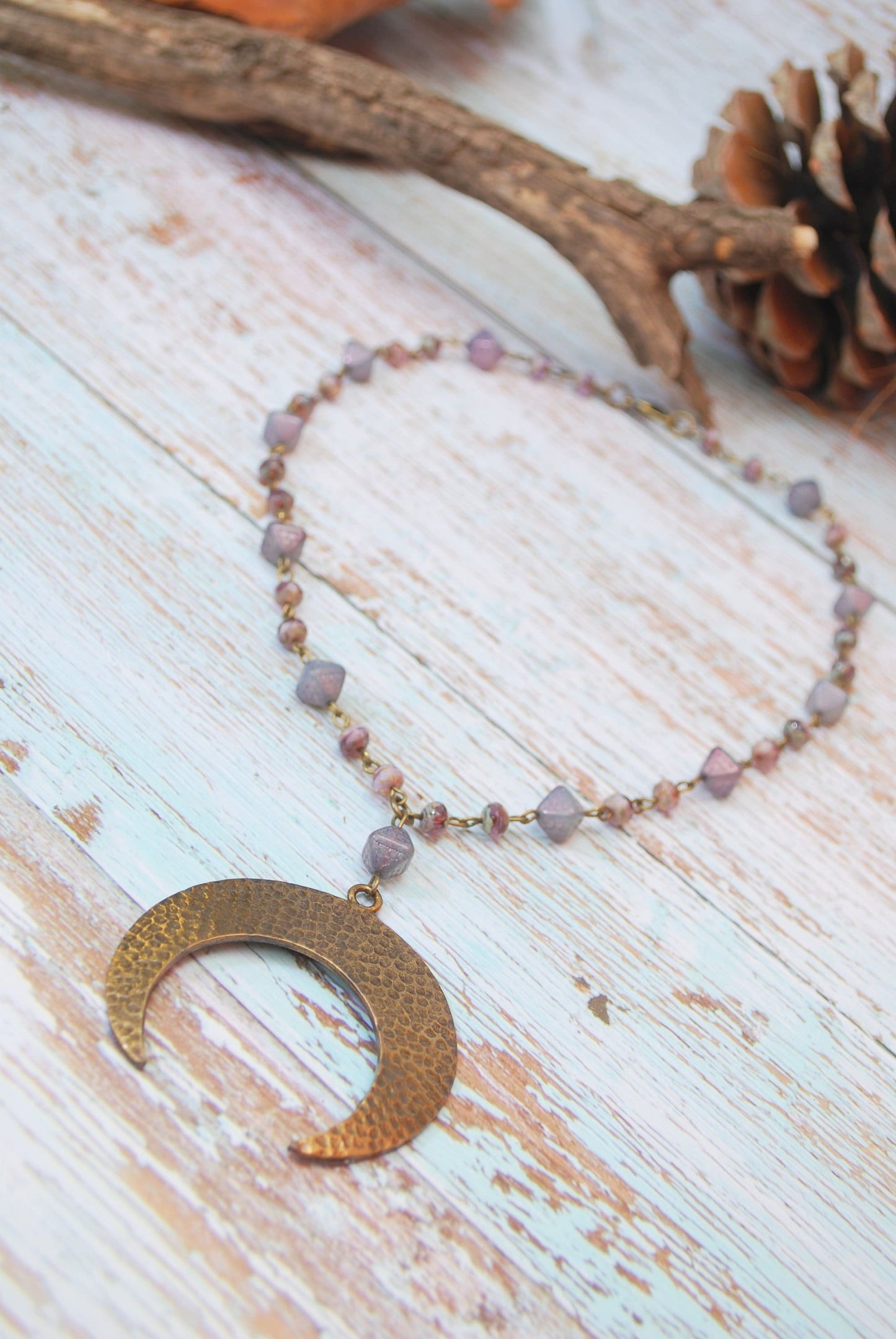 Festival-Inspired Heavy Big Bronze Moon Pendant Necklace, andcrafted Stylish Purple Lilac Beaded Hippie Necklace 50 cm, 20"