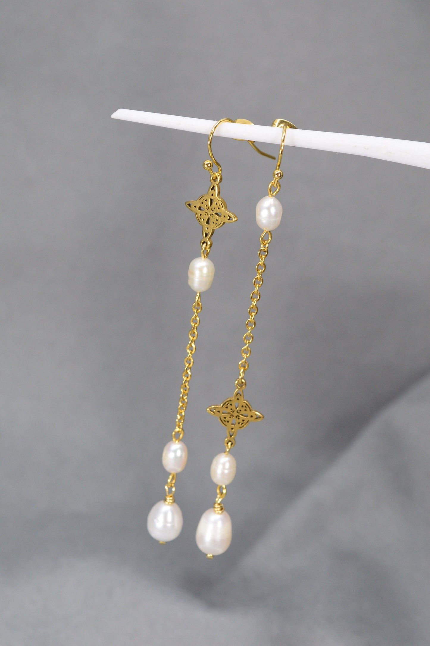 Gold Stainless Steel Earrings with Asymmetric Design and Pearl Accents by Estibela Design - Perfect for Boho, Romantic Styles 9.5cm - 3.7"