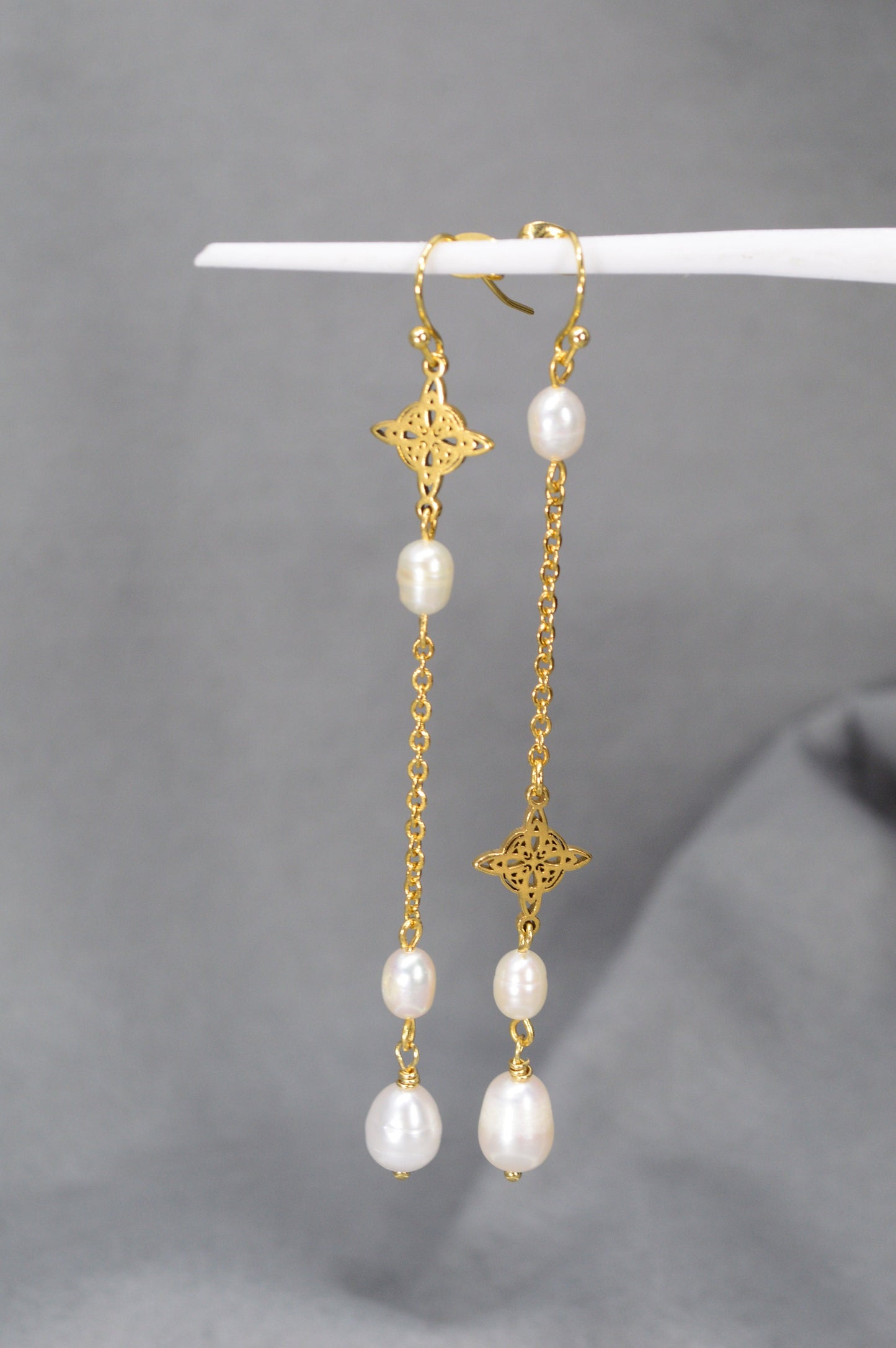 Gold Stainless Steel Earrings with Asymmetric Design and Pearl Accents by Estibela Design - Perfect for Boho, Romantic Styles 9.5cm - 3.7"