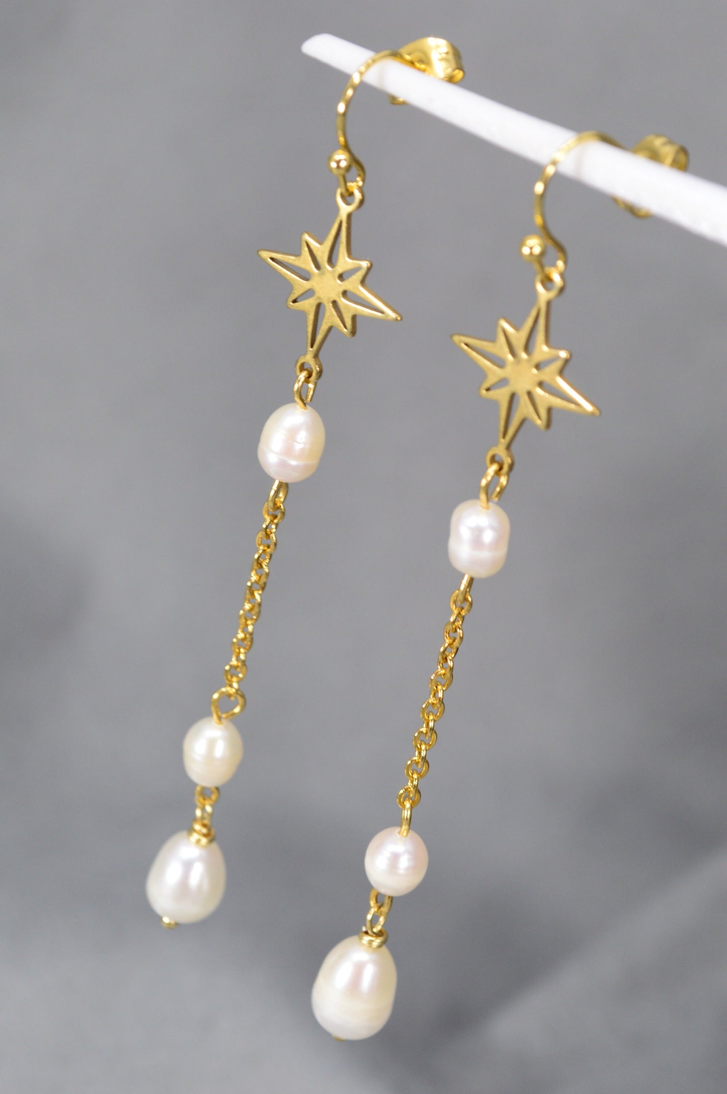 Stainless Steel Gold Earrings with Pearls and Star by Estibela Design for Weddings, Graduations, Beach Parties, and Glamorous Events.