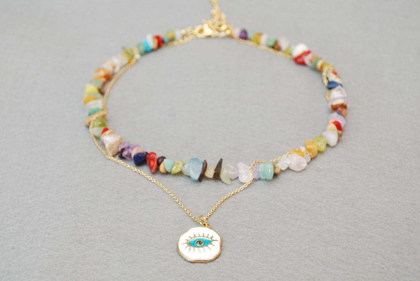 Multicolor mix stone choker, gold stainless steel eye pendant, adjustable necklace,  16" 40cm. Estibela design.