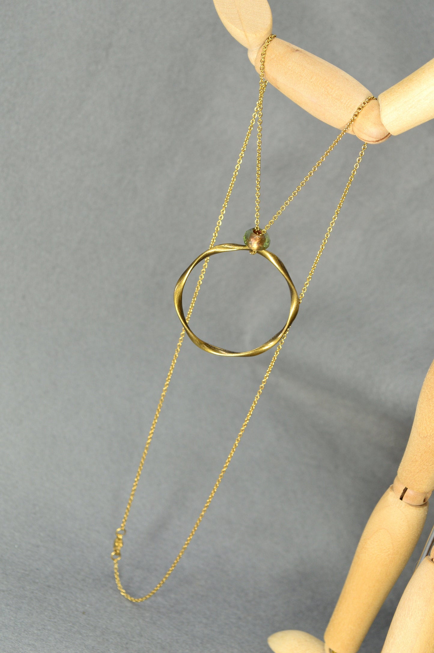 Large Bronze Ring Pendant with Gold Stainless Steel Chain and Czech Glass Bead - Unique Design by Estibela Design