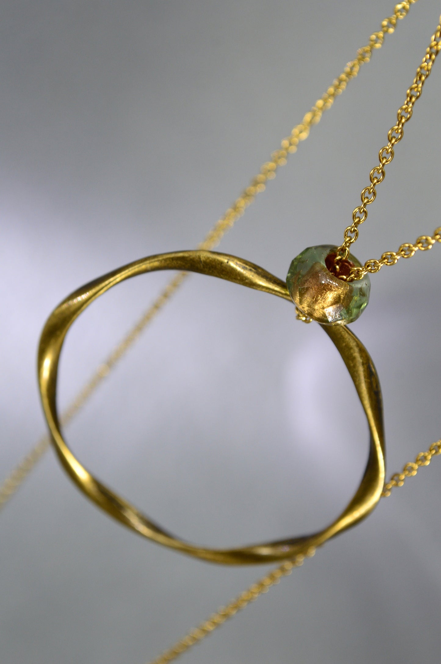 Large Bronze Ring Pendant with Gold Stainless Steel Chain and Czech Glass Bead - Unique Design by Estibela Design