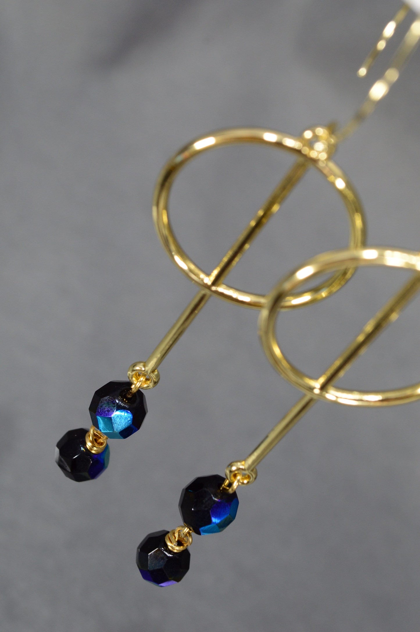 Stunning Estibela Design Earrings: Golden Steel Hooks with Black Czech Glass Beads, 9cm - 3.5"