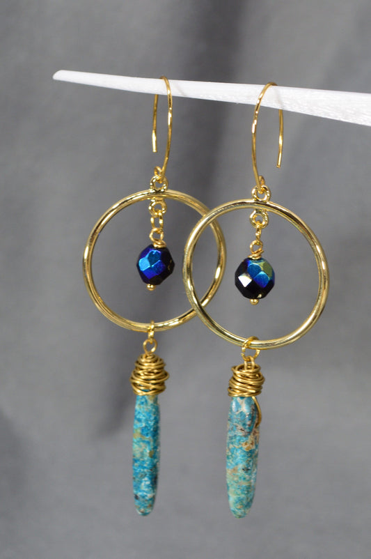 Estibela Gold Earrings: Unique Design with Jade and Czech Beads. 9cm - 3.5"