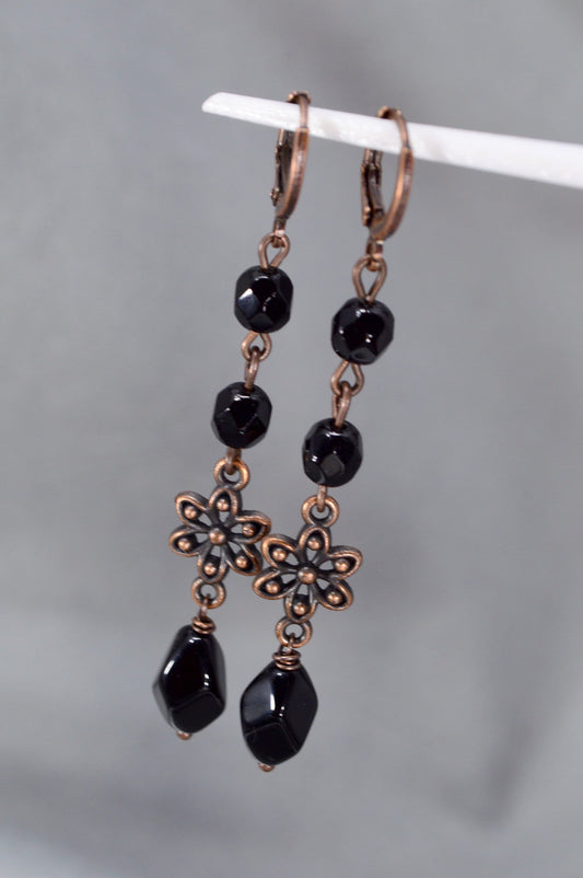 Black earrings, Exclusive Estibela Design Earrings with Black Czech Glass Beads and Copper Flower,  7cm - 2.8"