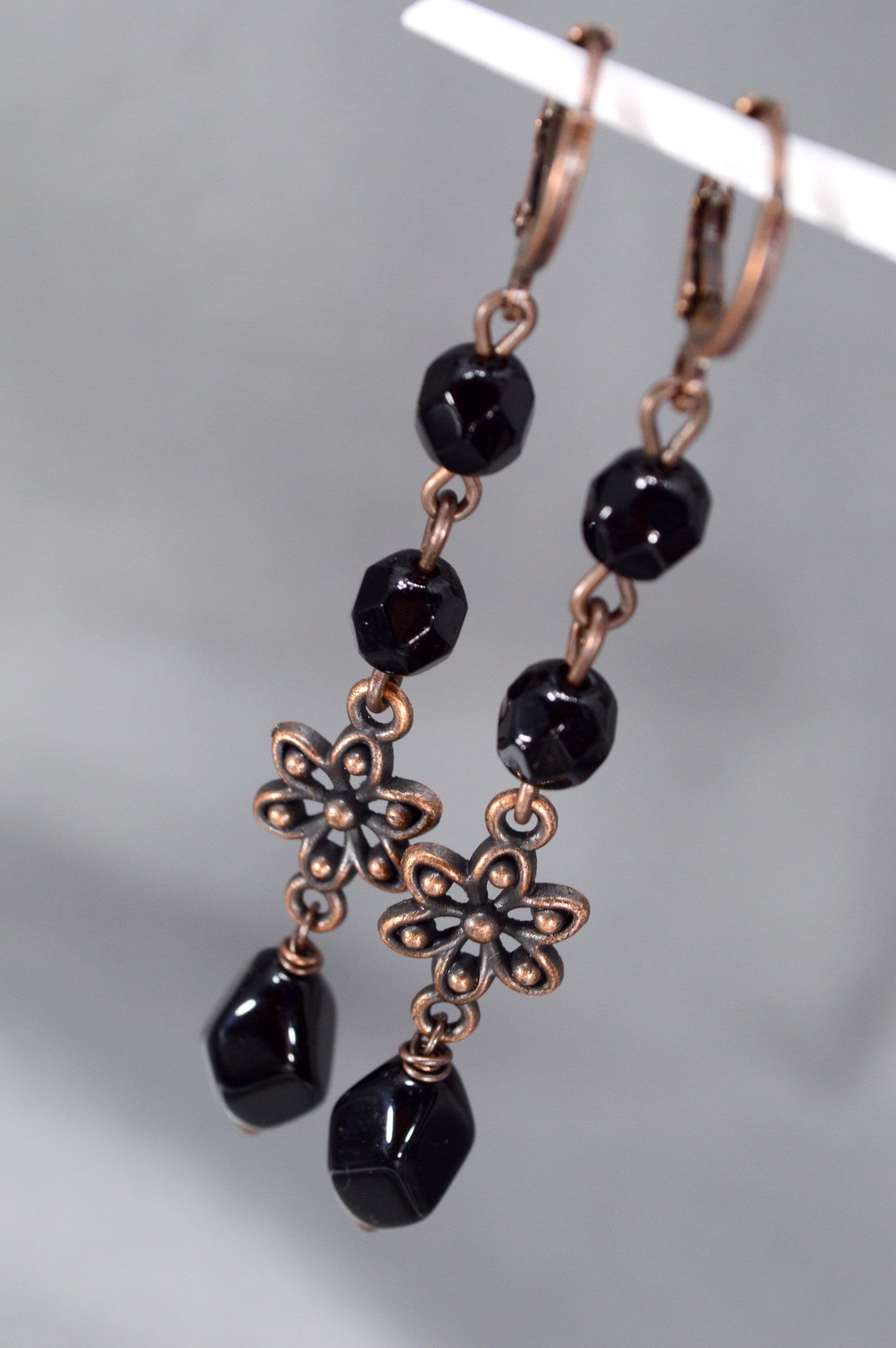 Black earrings, Exclusive Estibela Design Earrings with Black Czech Glass Beads and Copper Flower,  7cm - 2.8"