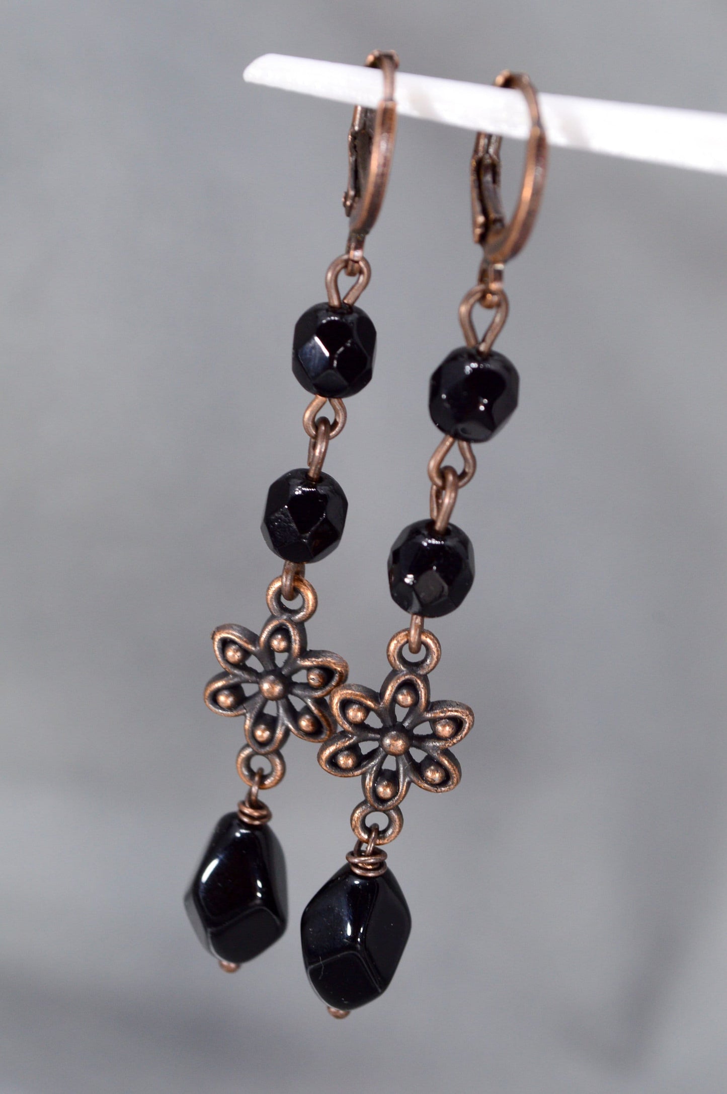 Black earrings, Exclusive Estibela Design Earrings with Black Czech Glass Beads and Copper Flower,  7cm - 2.8"