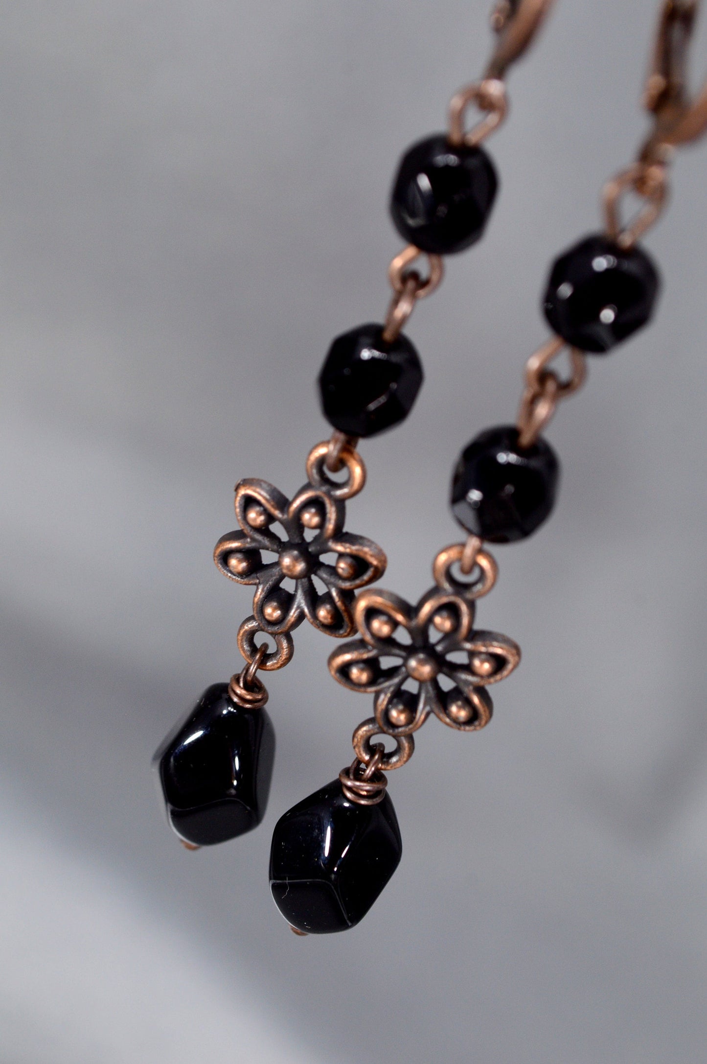 Black earrings, Exclusive Estibela Design Earrings with Black Czech Glass Beads and Copper Flower,  7cm - 2.8"