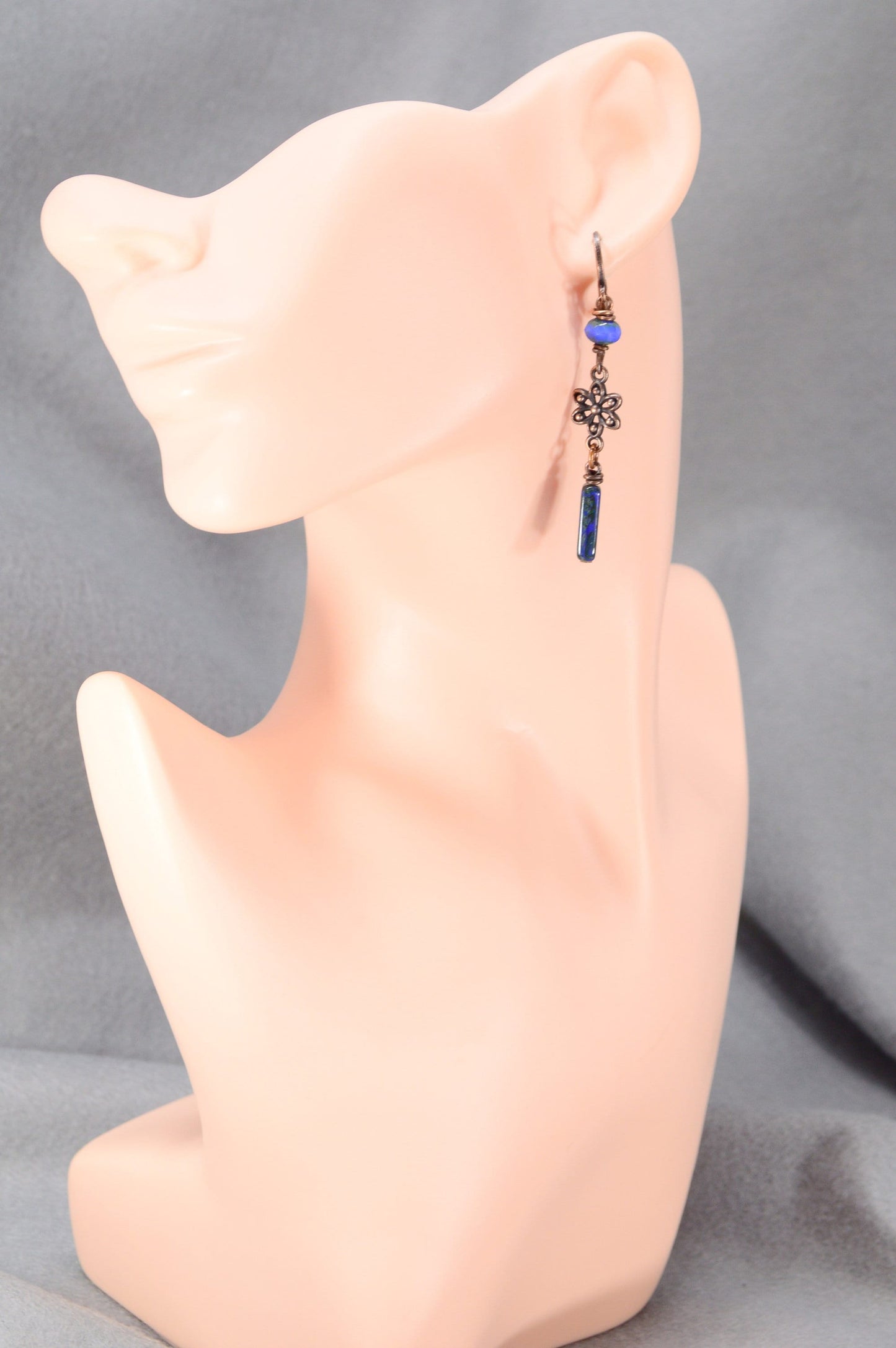 Blue earrings, Exquisite Handmade Boho Style Earrings by Estibela Design: Picasso Beads in Copper and Green. 6cm - 2.2"