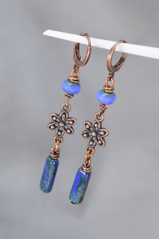 Blue earrings, Exquisite Handmade Boho Style Earrings by Estibela Design: Picasso Beads in Copper and Green. 6cm - 2.2"