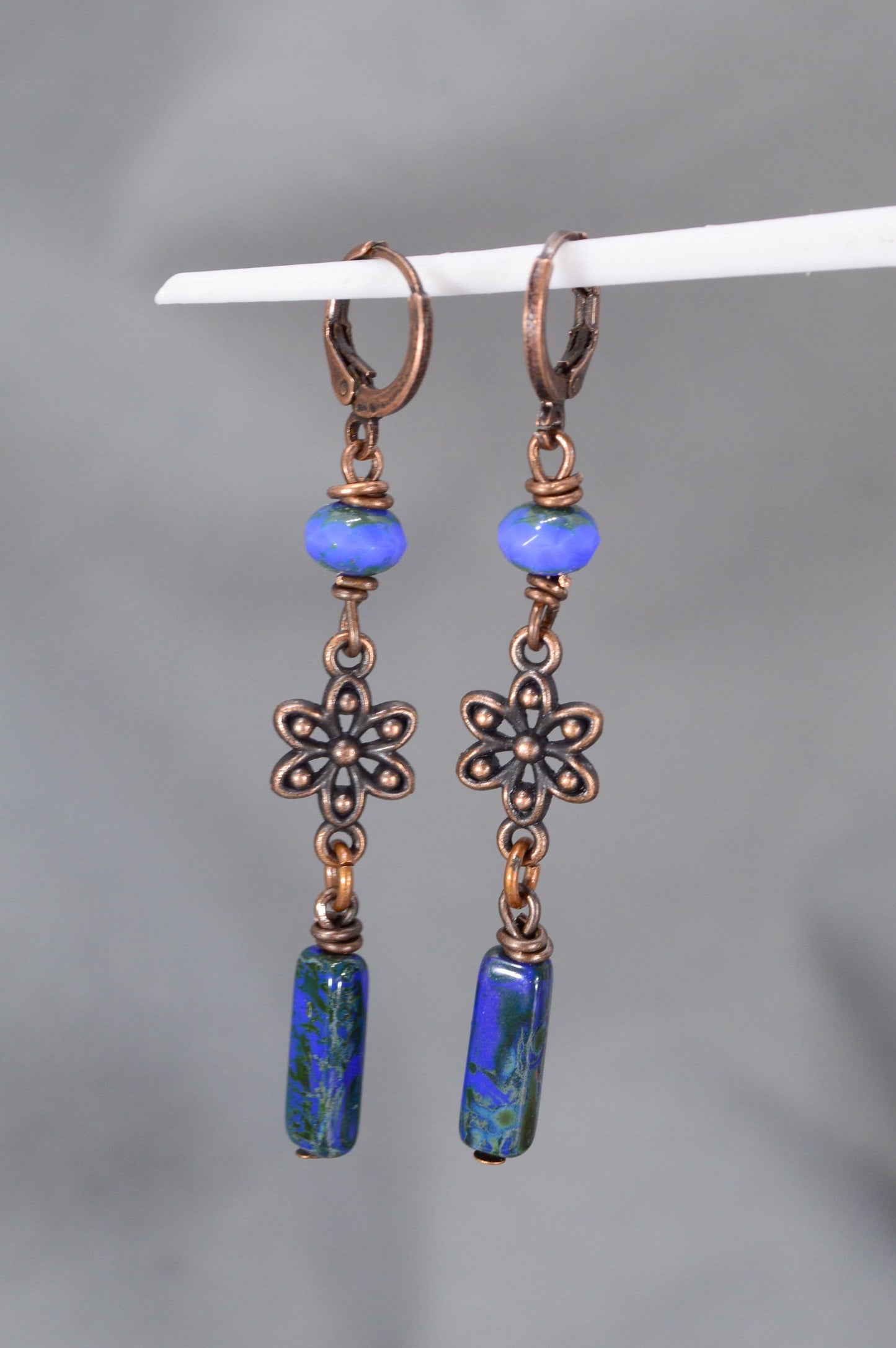 Blue earrings, Exquisite Handmade Boho Style Earrings by Estibela Design: Picasso Beads in Copper and Green. 6cm - 2.2"