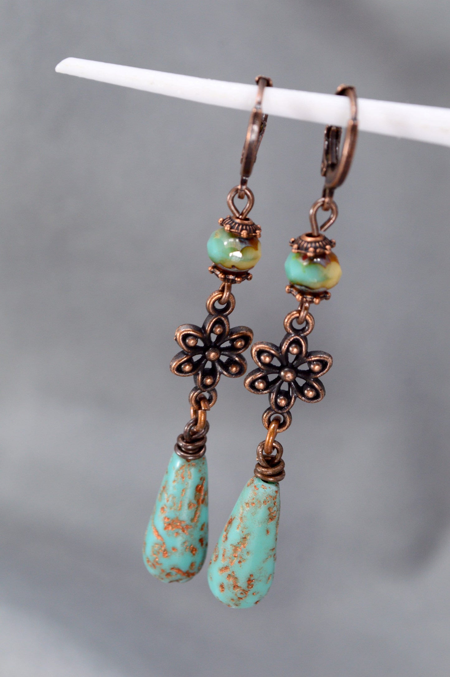 Elegant  Picasso-Style Copper Earrings with Czech Glass Beads by Estibela Design – Perfect Gift for Her. 7cm - 2.8"