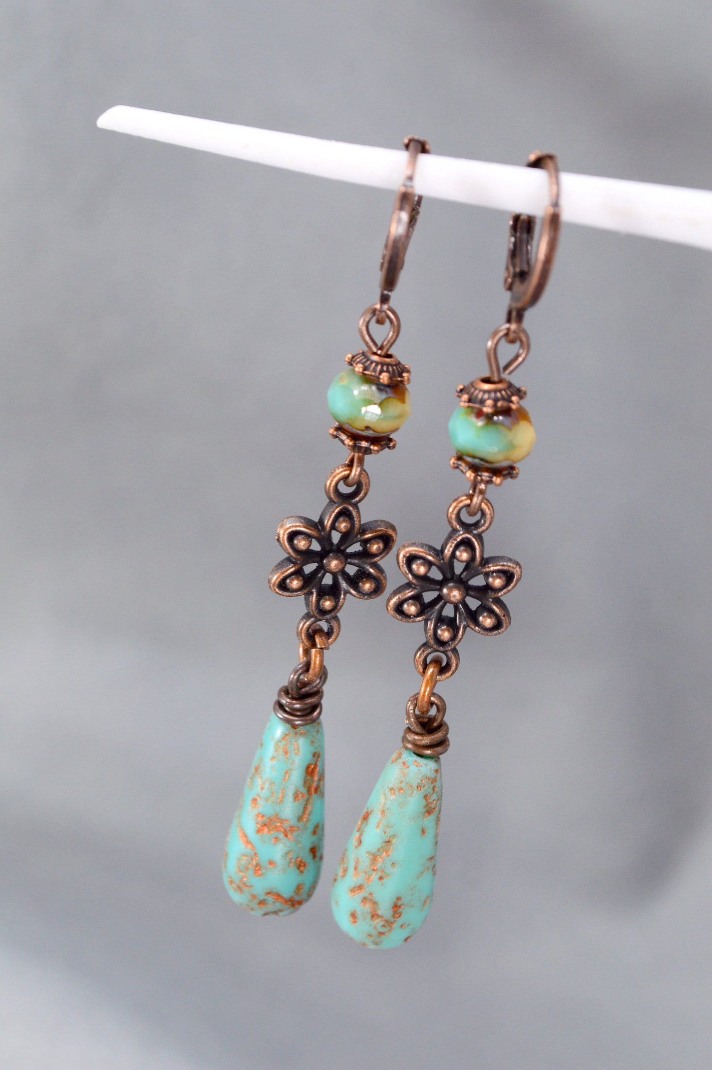 Elegant  Picasso-Style Copper Earrings with Czech Glass Beads by Estibela Design – Perfect Gift for Her. 7cm - 2.8"