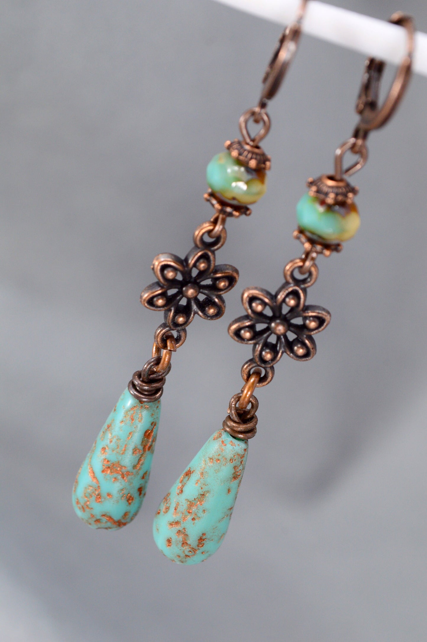 Elegant  Picasso-Style Copper Earrings with Czech Glass Beads by Estibela Design – Perfect Gift for Her. 7cm - 2.8"