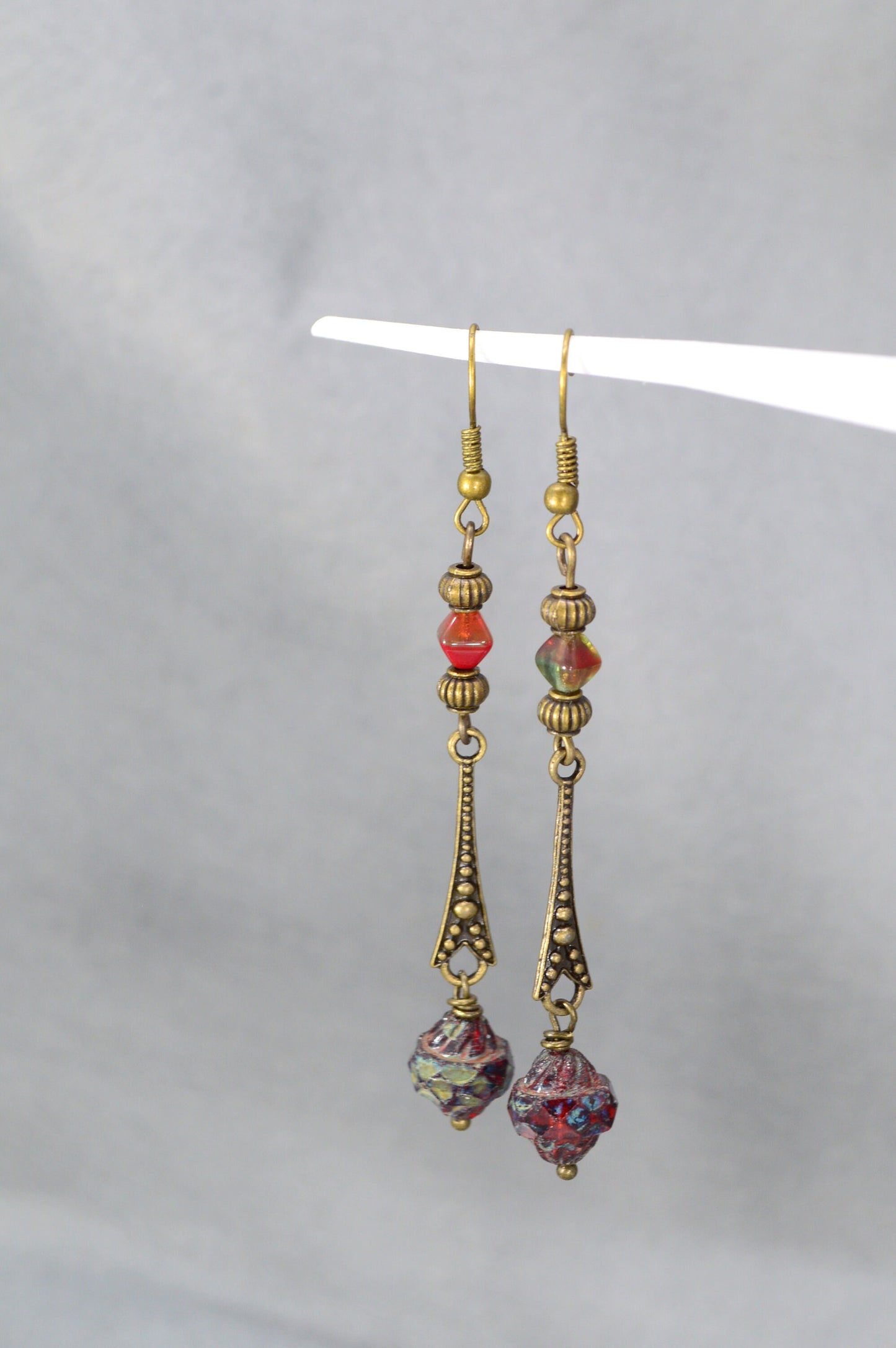 Elegant Handmade Earrings with Bronze Beads, Czech Glass Bicone, and Unique Cascade Design - Estibela Design. 7.5cm - 3"