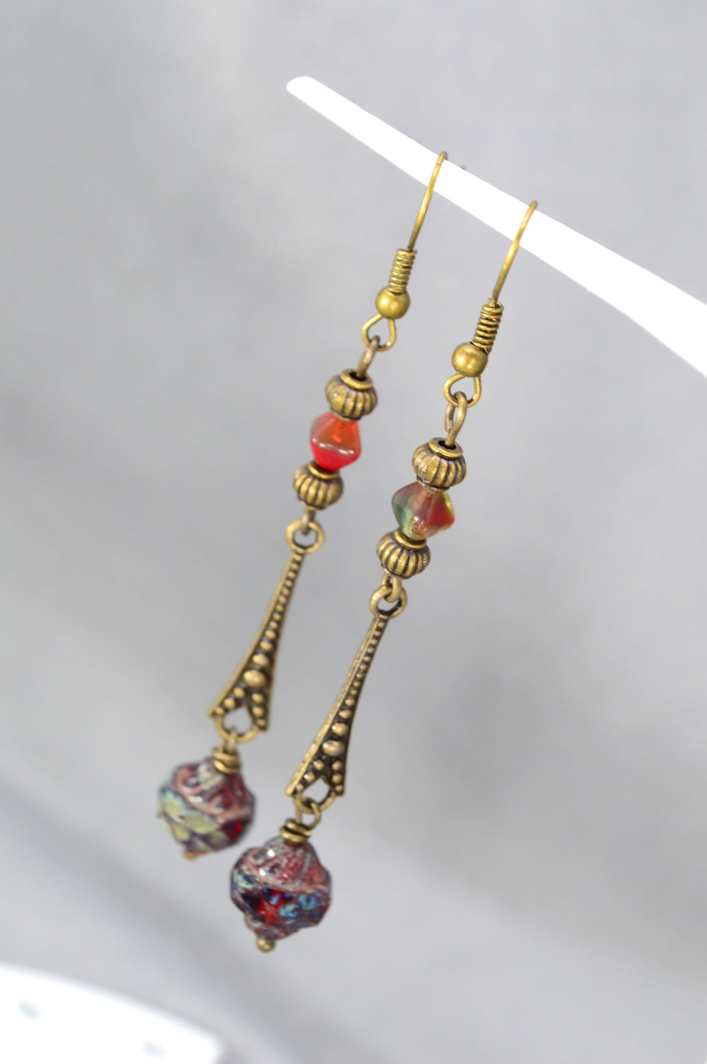 Elegant Handmade Earrings with Bronze Beads, Czech Glass Bicone, and Unique Cascade Design - Estibela Design. 7.5cm - 3"