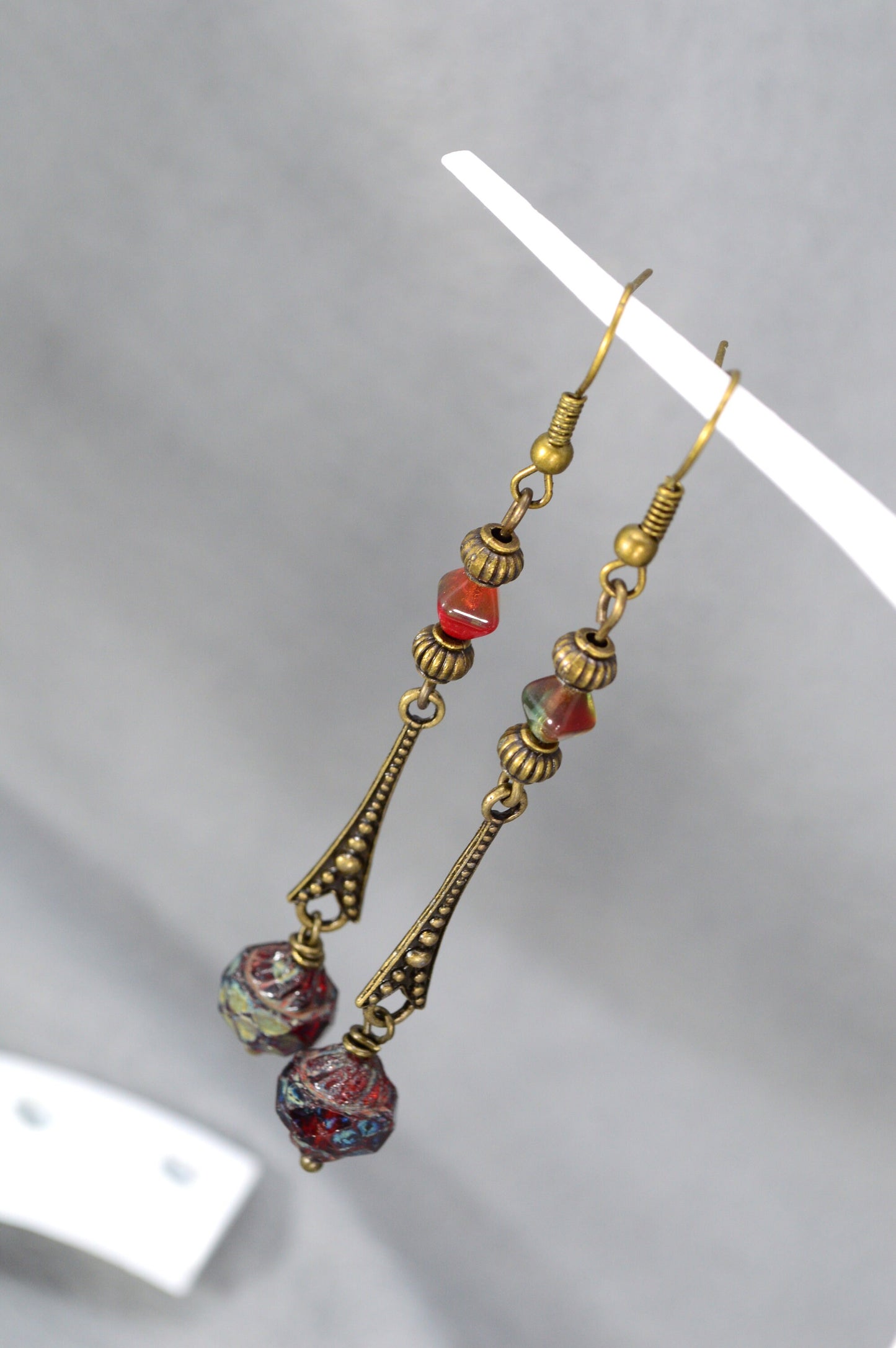 Elegant Handmade Earrings with Bronze Beads, Czech Glass Bicone, and Unique Cascade Design - Estibela Design. 7.5cm - 3"