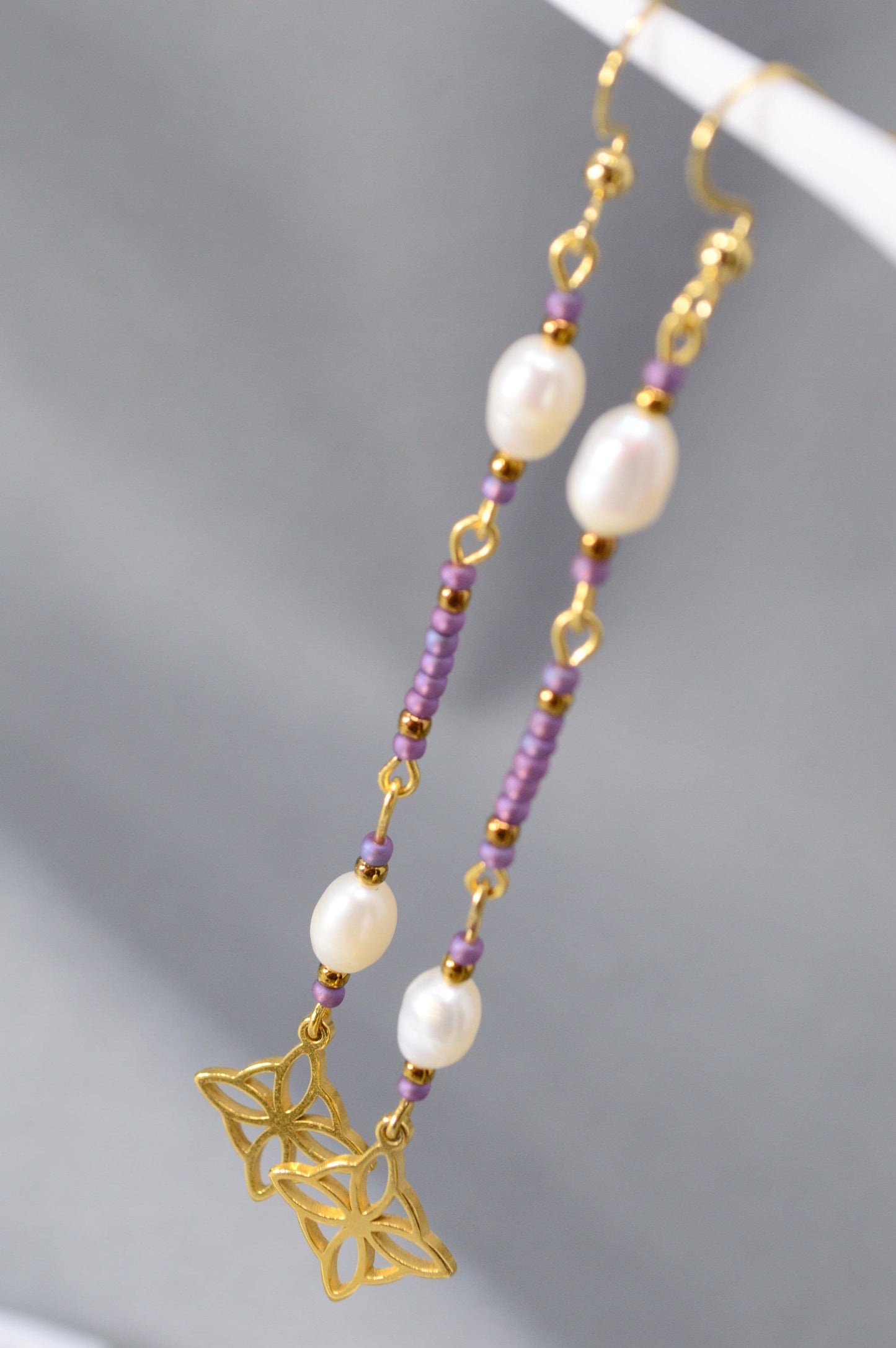 Cascade Elegance: Freshwater Pearl and Czech Glass Earrings with Celtic Knot. 8.5 cm - 3.4". Long Delicate Elegant Earrings.