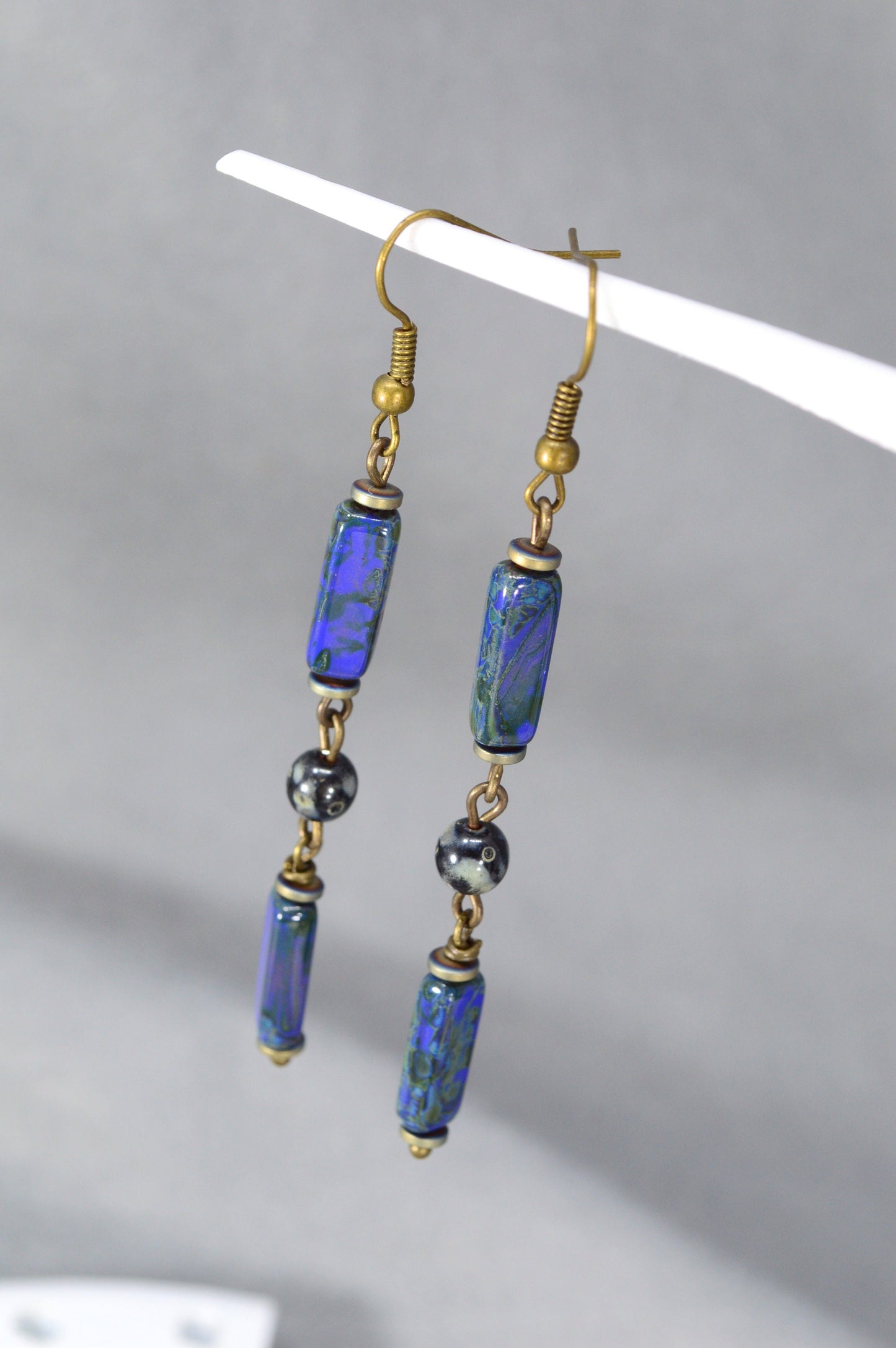 Boho Bronze Cascading Earrings with Picasso Blue Beads | Estibela Design. 8cm - 3.1"