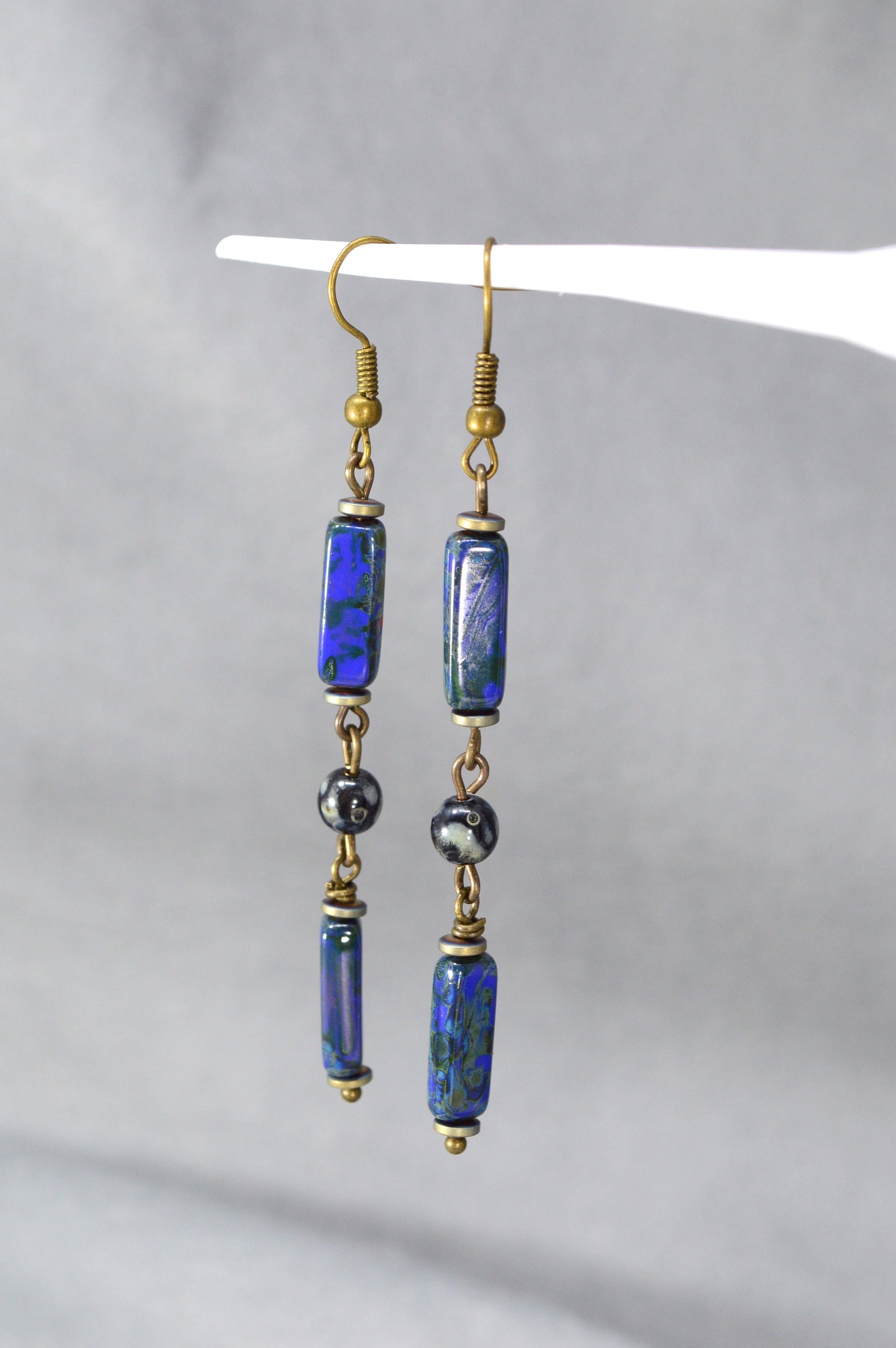 Boho Bronze Cascading Earrings with Picasso Blue Beads | Estibela Design. 8cm - 3.1"