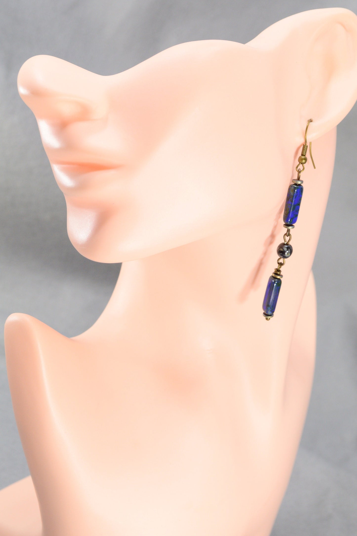 Boho Bronze Cascading Earrings with Picasso Blue Beads | Estibela Design. 8cm - 3.1"