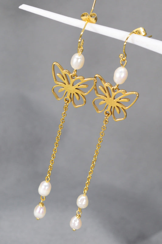 Golden Stainless Steel Earrings with Freshwater Pearls and Butterfly Design – Estibela Design: Elegant, Romantic, Classic. Length 10cm - 4"