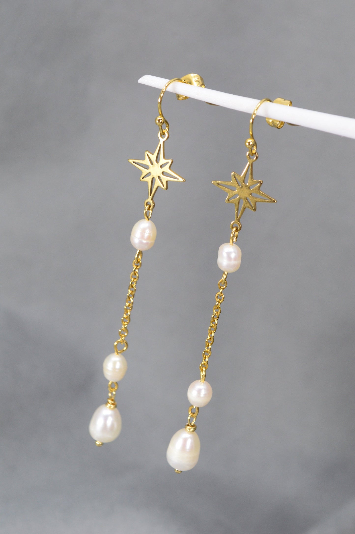 Stainless Steel Gold Earrings with Pearls and Star by Estibela Design for Weddings, Graduations, Beach Parties, and Glamorous Events.