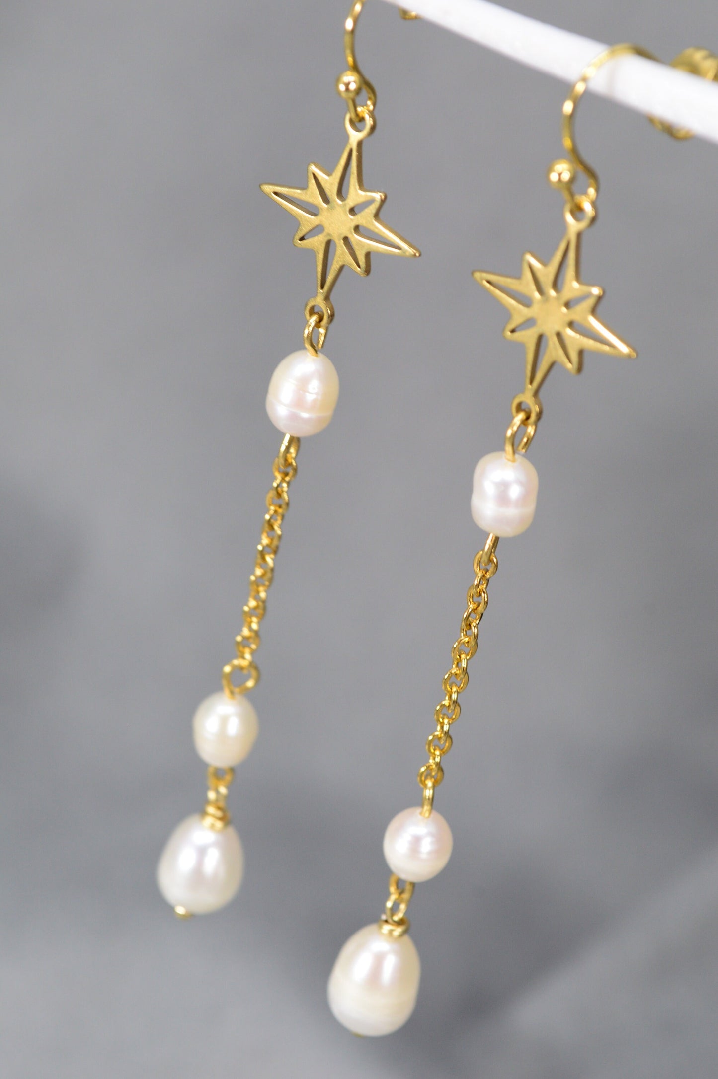 Stainless Steel Gold Earrings with Pearls and Star by Estibela Design for Weddings, Graduations, Beach Parties, and Glamorous Events.