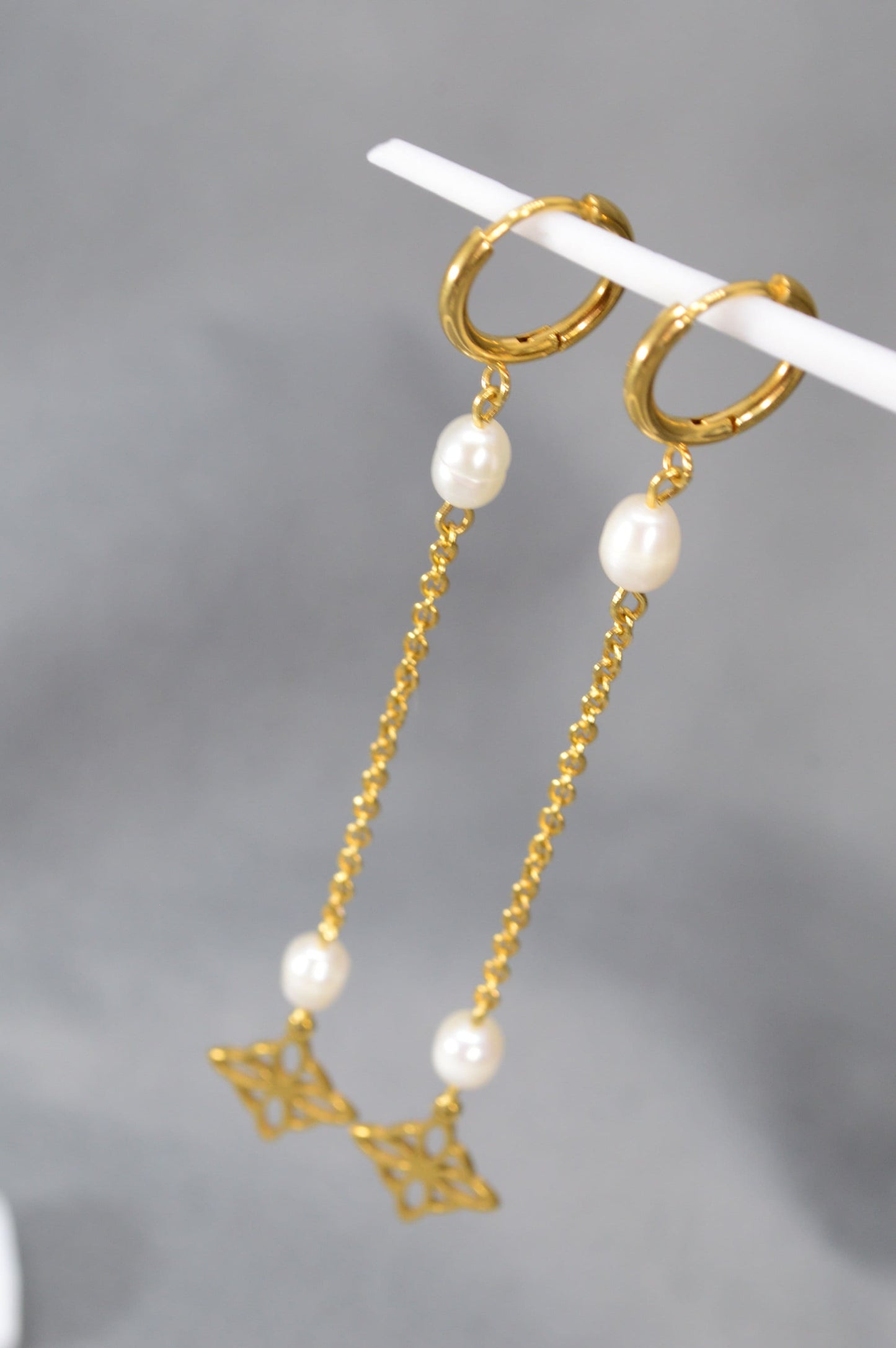 Stainless Steel Earrings with Freshwater Pearls & Geometric Pendant by Estibela Design - Perfect for Weddings, Proms, Parties, and More