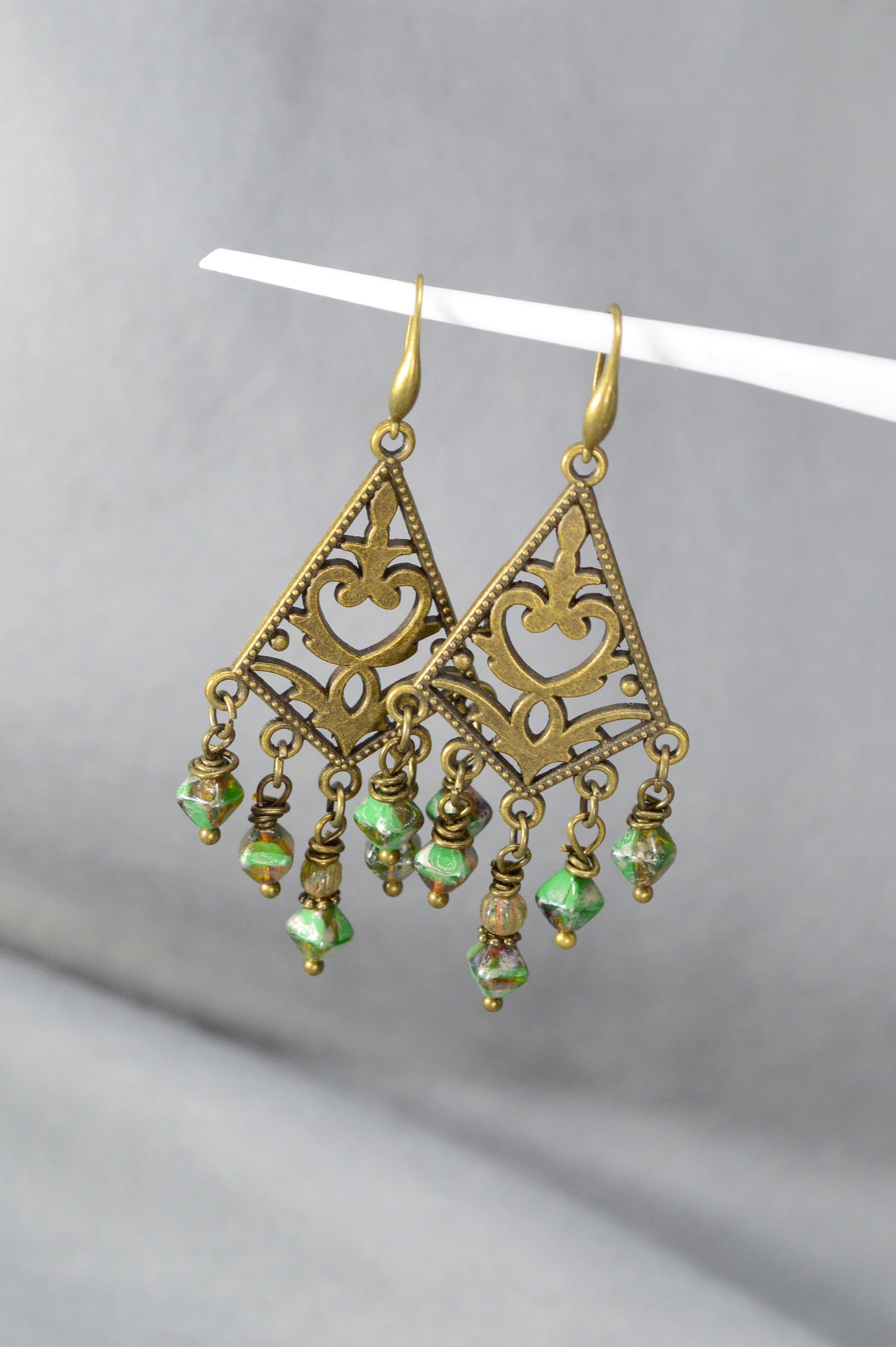 Elegant Bronze Earrings with Czech Glass Beads, Ethnic Style, Boho Chic, Estibela Design. 7.5cm - 2,7"