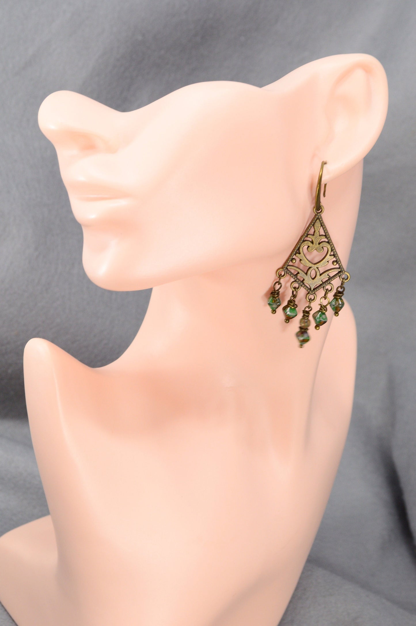 Elegant Bronze Earrings with Czech Glass Beads, Ethnic Style, Boho Chic, Estibela Design. 7.5cm - 2,7"