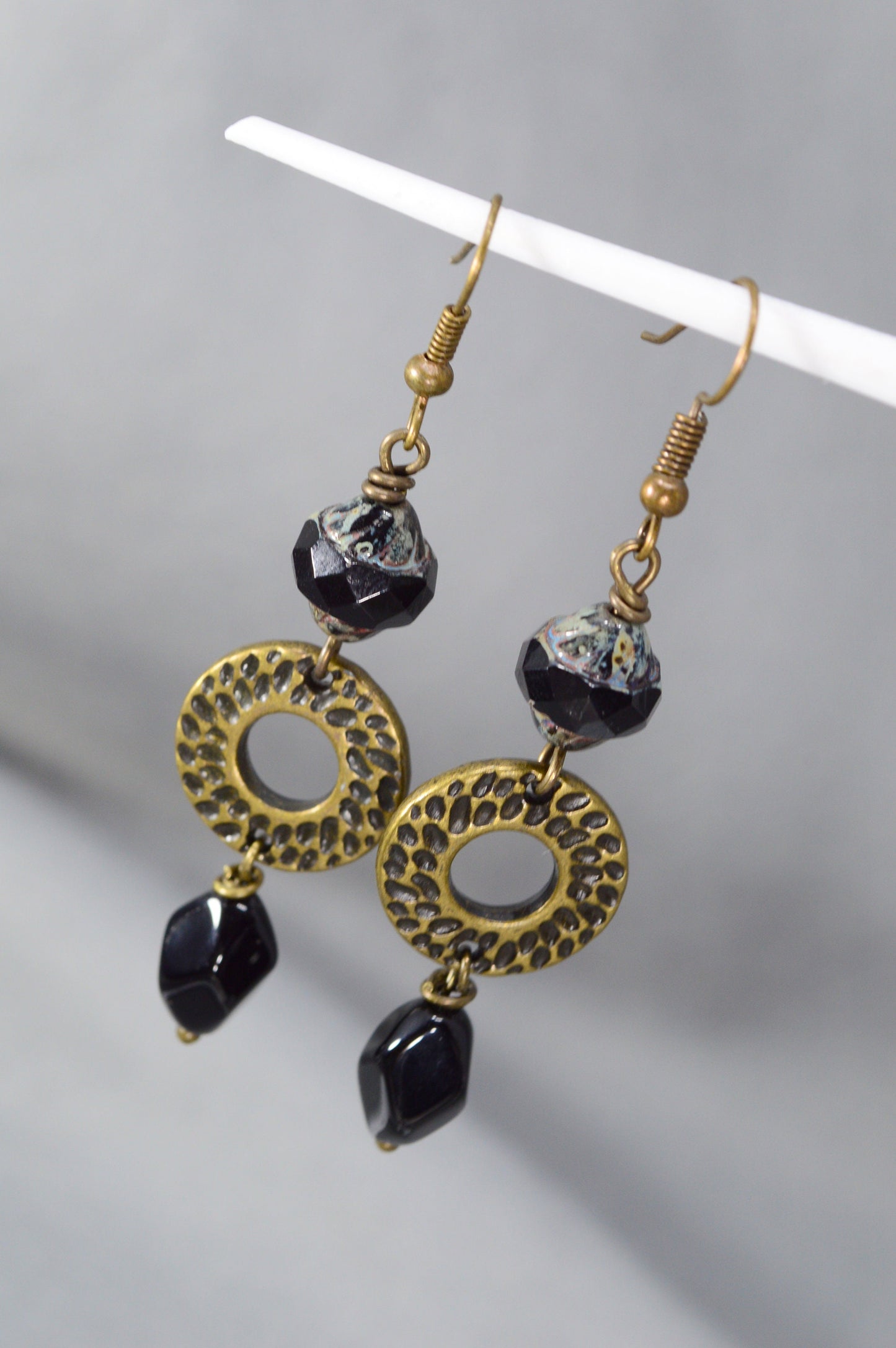 Boho Handcrafted Bronze Earrings with Pixelated Black Beads | Unique Estibela Design. 2.5" - 6.5cm