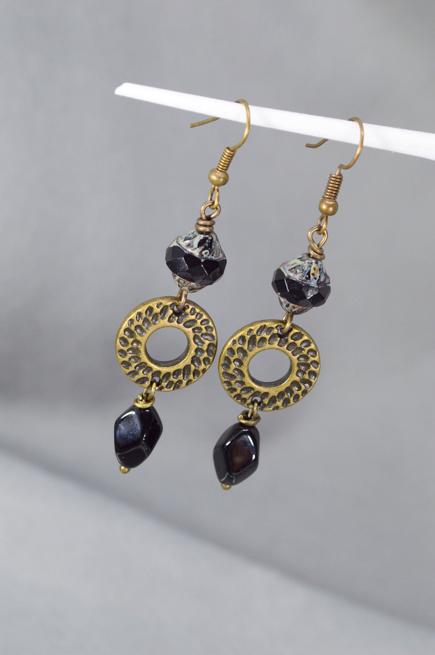 Boho Handcrafted Bronze Earrings with Pixelated Black Beads | Unique Estibela Design. 2.5" - 6.5cm