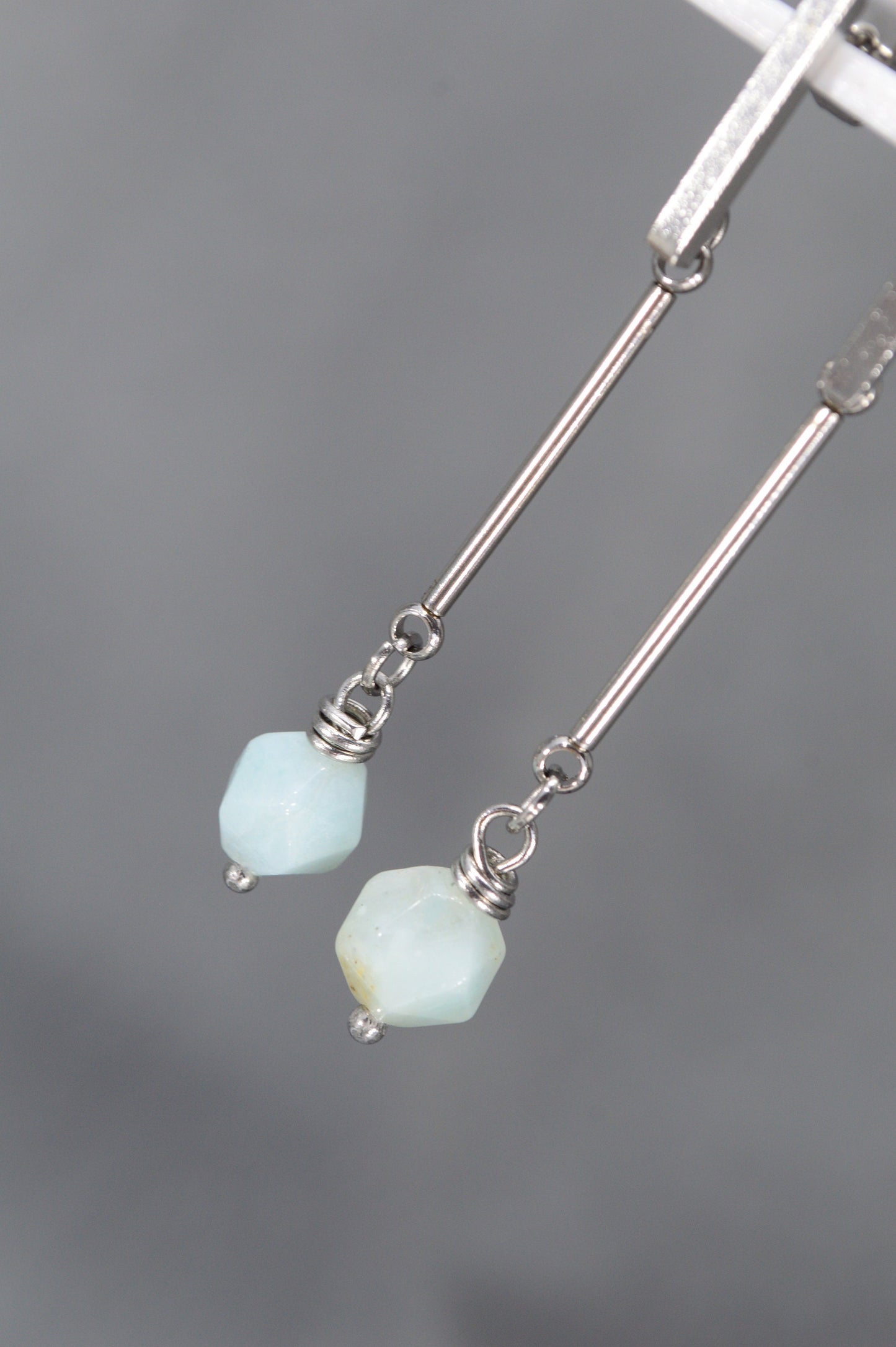 Stainless Steel Stick & Natural Stone Beads. 5cm 2". Elegant everyday earrings.  Simple style. Estibela design.