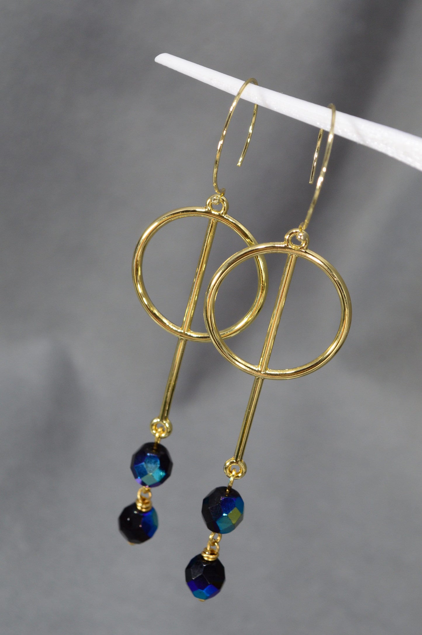 Stunning Estibela Design Earrings: Golden Steel Hooks with Black Czech Glass Beads, 9cm - 3.5"