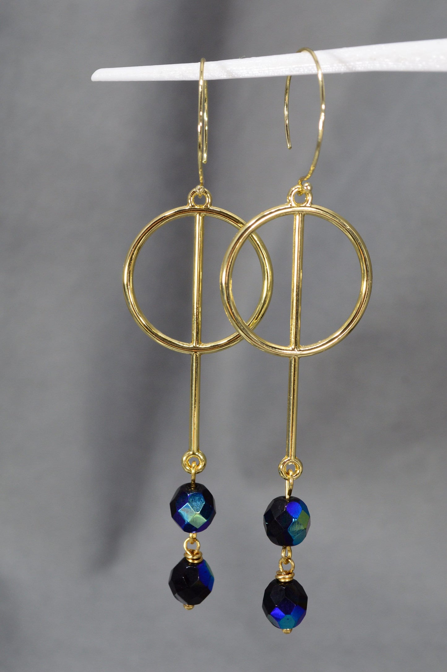 Stunning Estibela Design Earrings: Golden Steel Hooks with Black Czech Glass Beads, 9cm - 3.5"