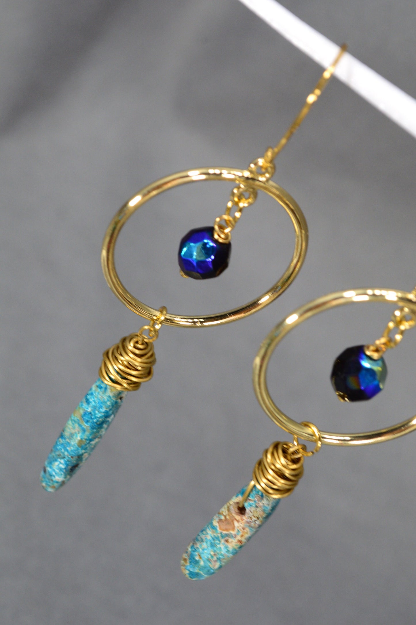 Estibela Gold Earrings: Unique Design with Jade and Czech Beads. 9cm - 3.5"