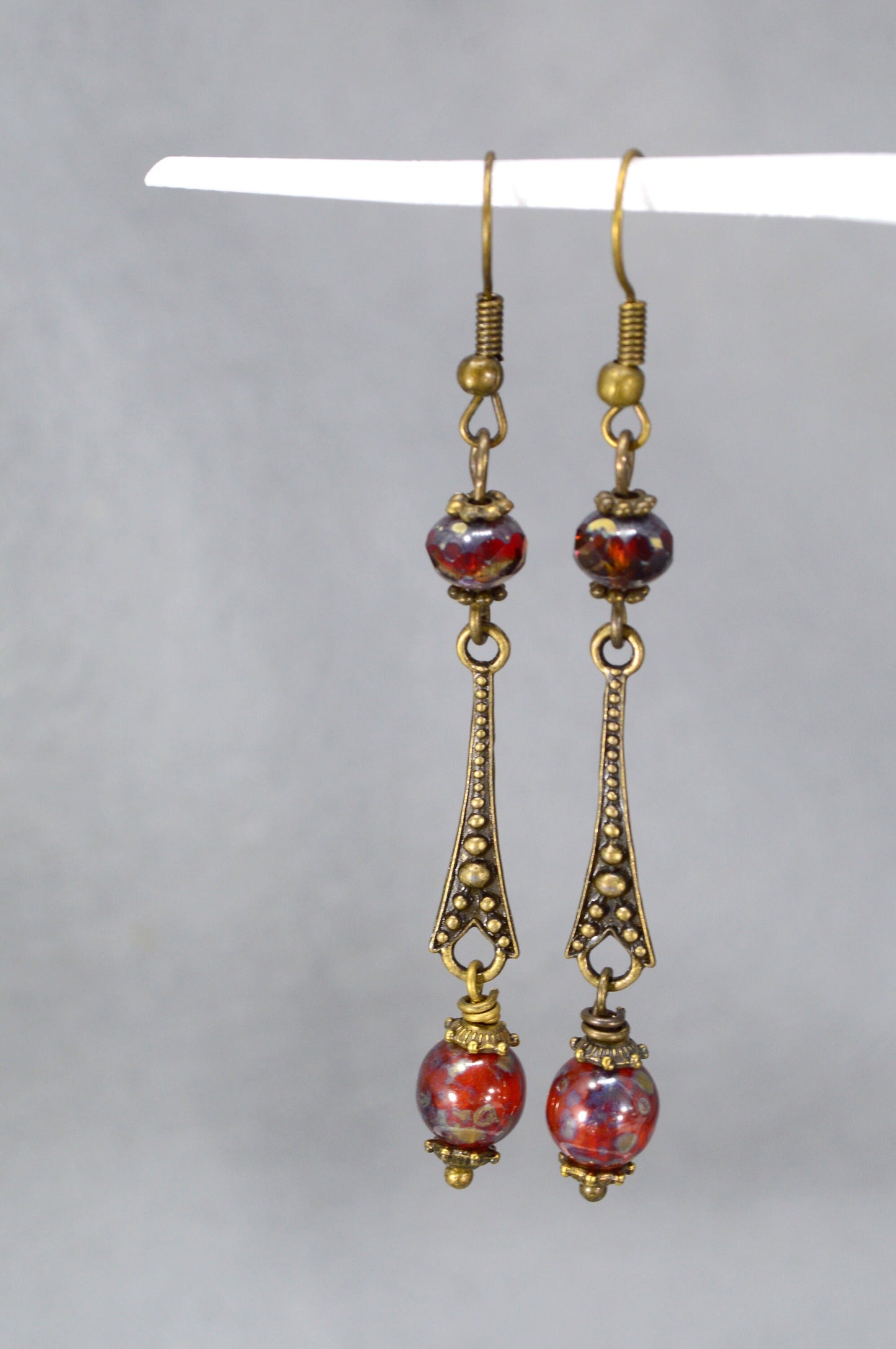 Vintage Style Hook Bronze Earrings with Czech Glass Beads by Estibela Design. . 7cm - 2.7". Elegant, Unique Jewelry.