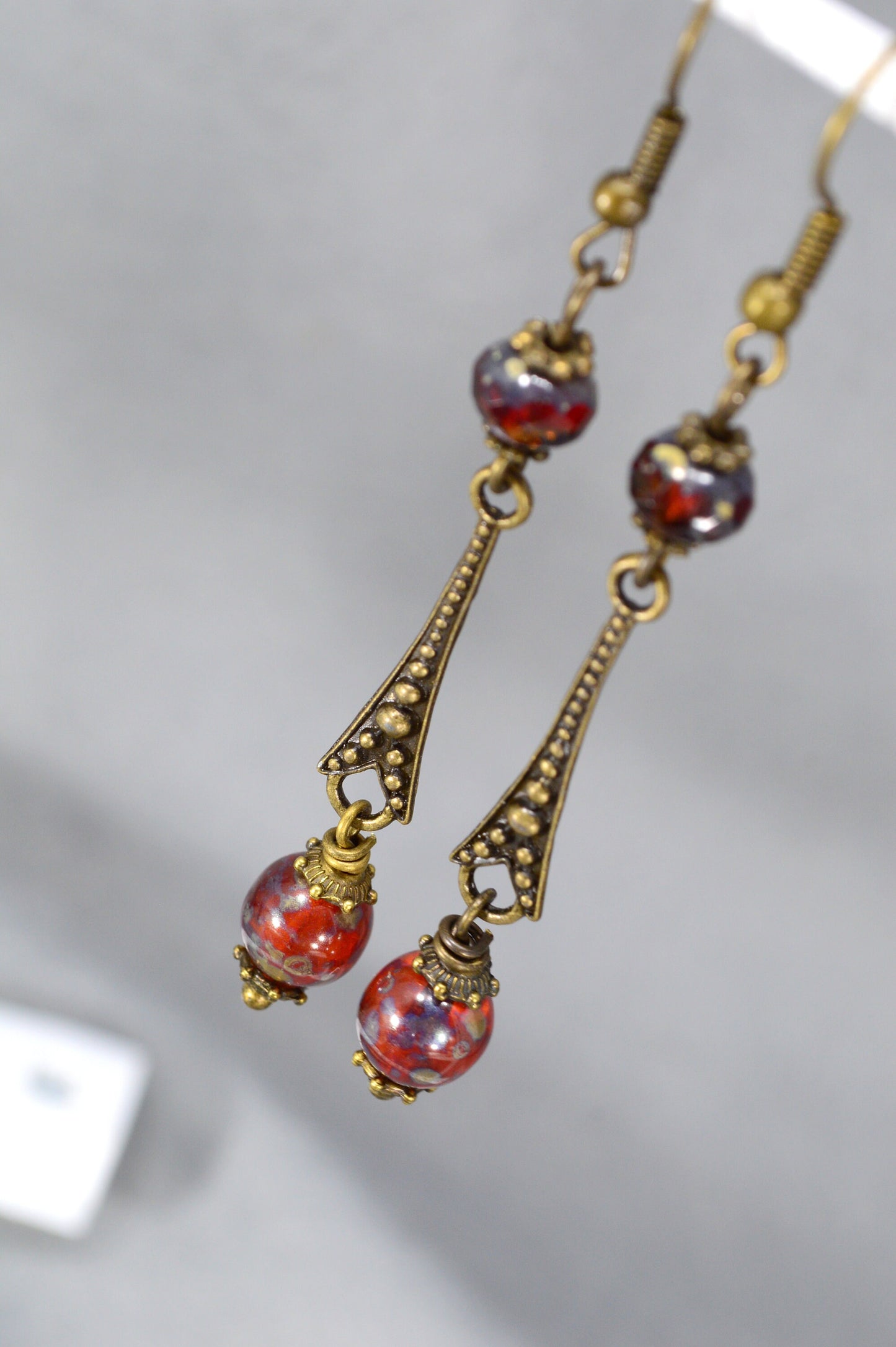 Vintage Style Hook Bronze Earrings with Czech Glass Beads by Estibela Design. . 7cm - 2.7". Elegant, Unique Jewelry.