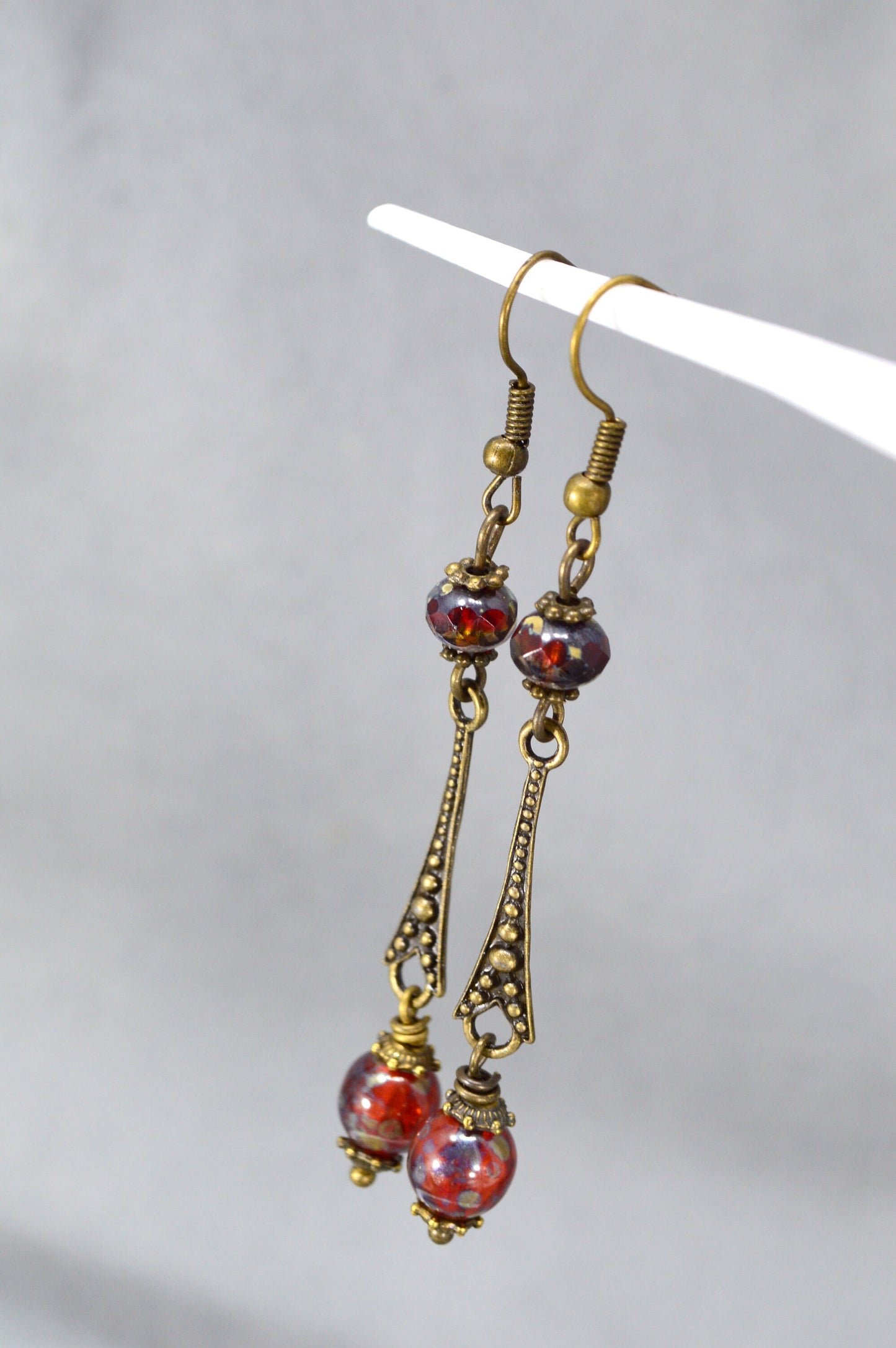 Vintage Style Hook Bronze Earrings with Czech Glass Beads by Estibela Design. . 7cm - 2.7". Elegant, Unique Jewelry.