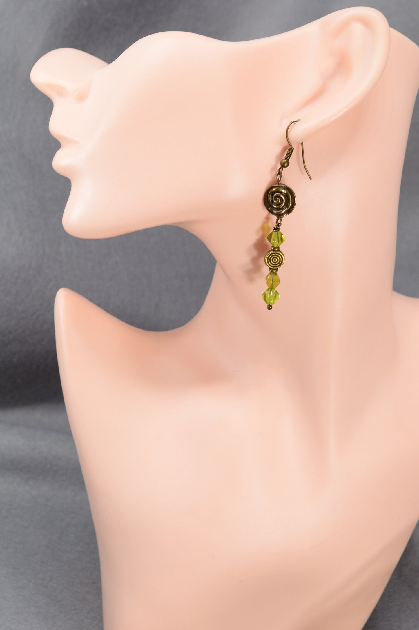 Boho Vintage Bronze Earrings with Green Beads - Handcrafted Unique Jewelry by Estibela Design. 7cm - 2.8"