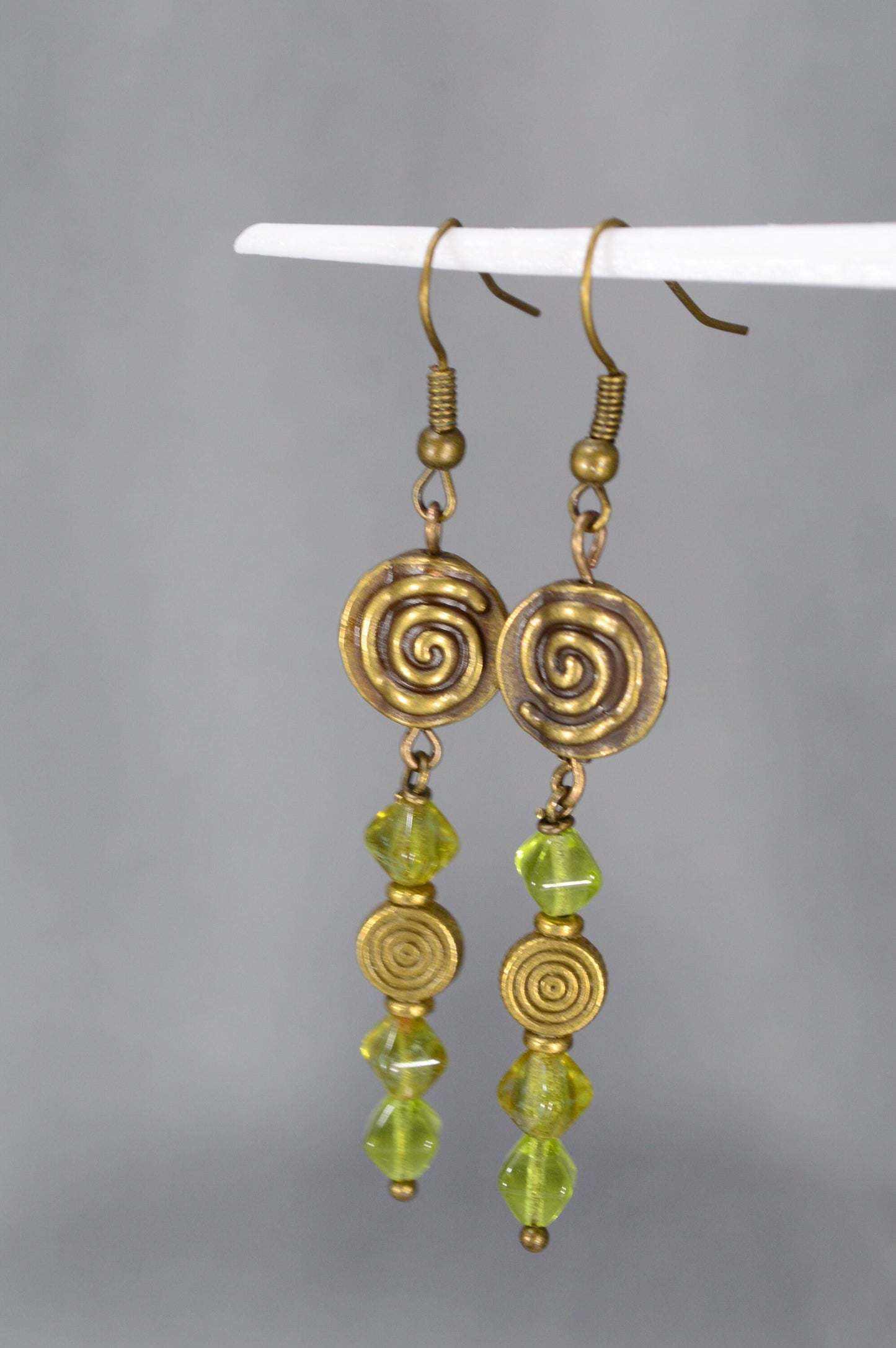 Boho Vintage Bronze Earrings with Green Beads - Handcrafted Unique Jewelry by Estibela Design. 7cm - 2.8"