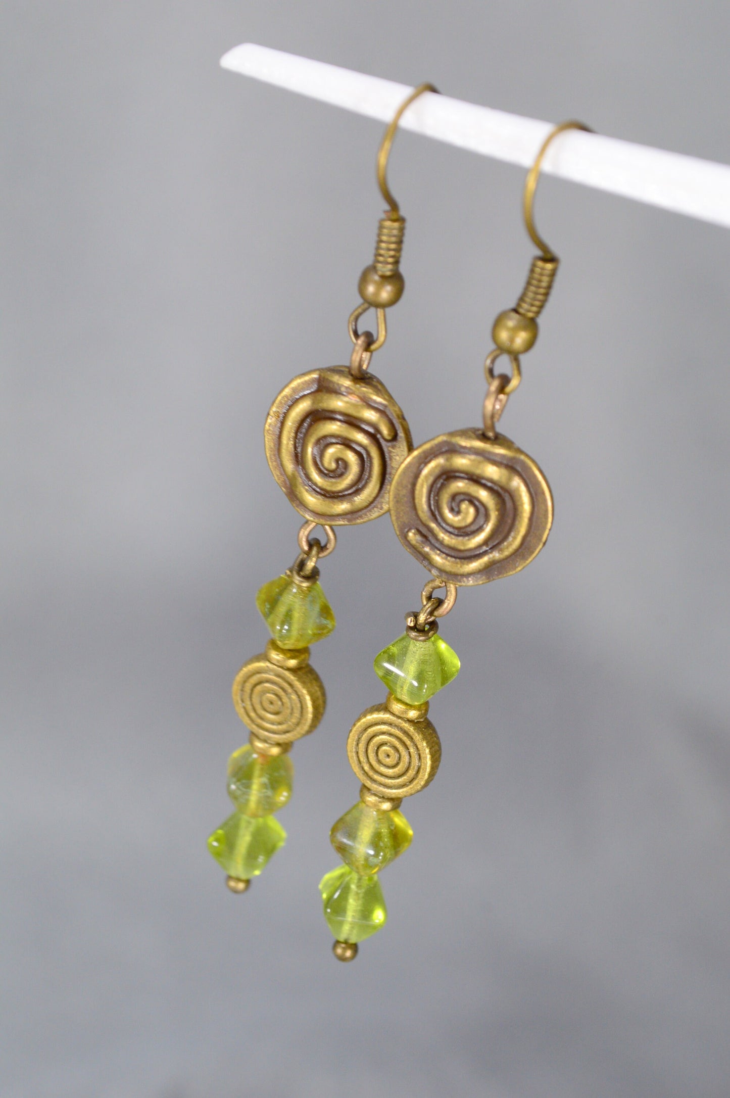 Boho Vintage Bronze Earrings with Green Beads - Handcrafted Unique Jewelry by Estibela Design. 7cm - 2.8"