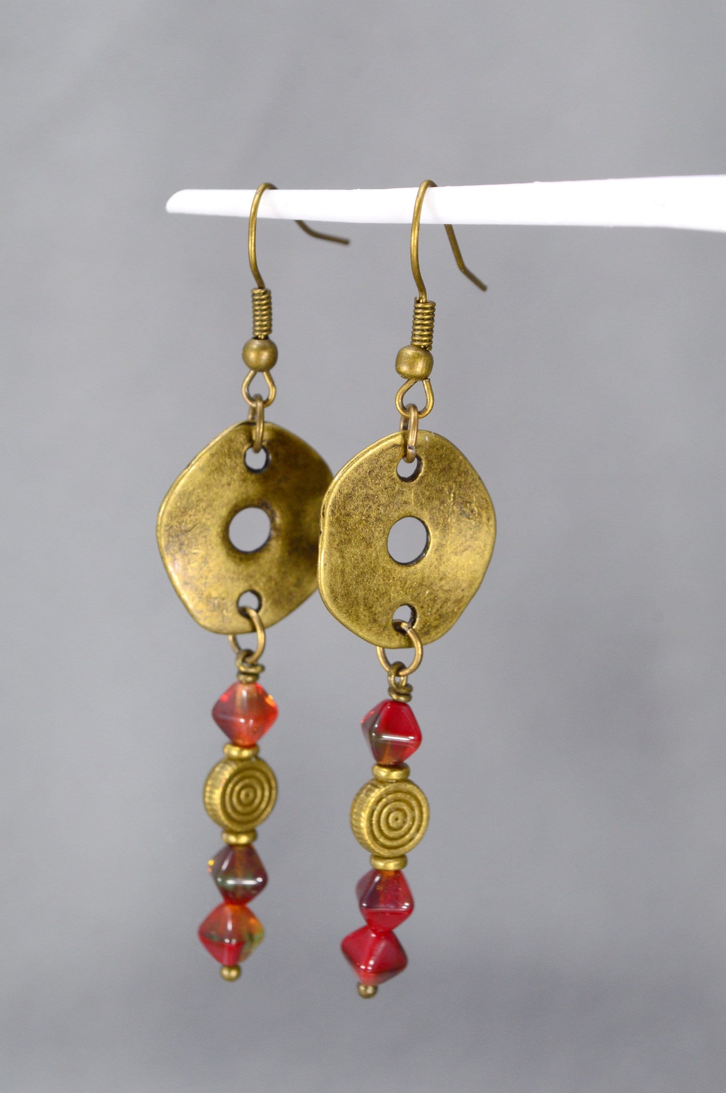 Bohemian Bronze Earrings with Czech Glass Beads by Estibela Design – Unique, Vintage, Ethnic, Artistic, Red Bicone Beads. 6.5cm - 2.5"