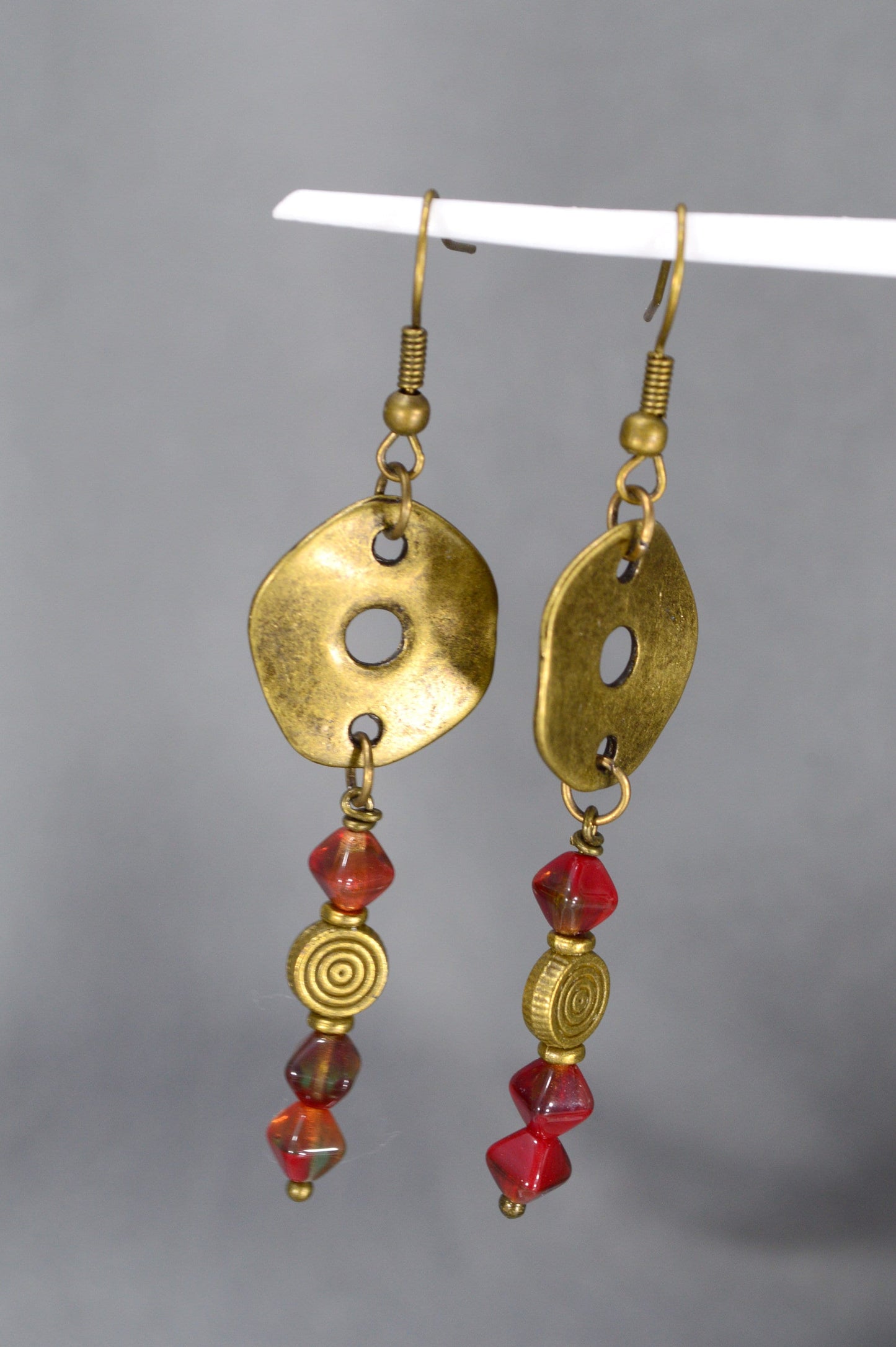 Bohemian Bronze Earrings with Czech Glass Beads by Estibela Design – Unique, Vintage, Ethnic, Artistic, Red Bicone Beads. 6.5cm - 2.5"