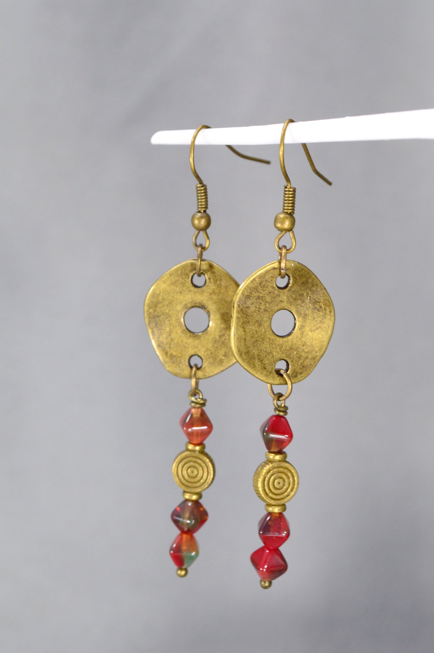 Bohemian Bronze Earrings with Czech Glass Beads by Estibela Design – Unique, Vintage, Ethnic, Artistic, Red Bicone Beads. 6.5cm - 2.5"