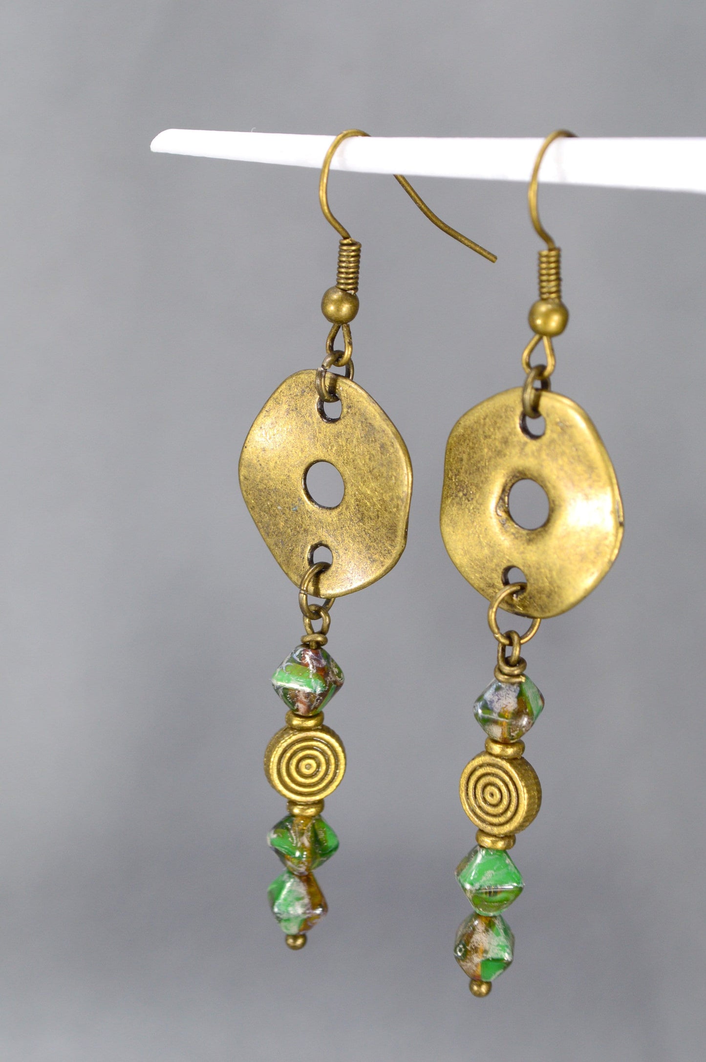 Bohemian Bronze Earrings with Czech Glass Beads by Estibela Design – Unique, Vintage, Ethnic, Artistic, Green Bicone Beads. 6.5cm - 2.5"