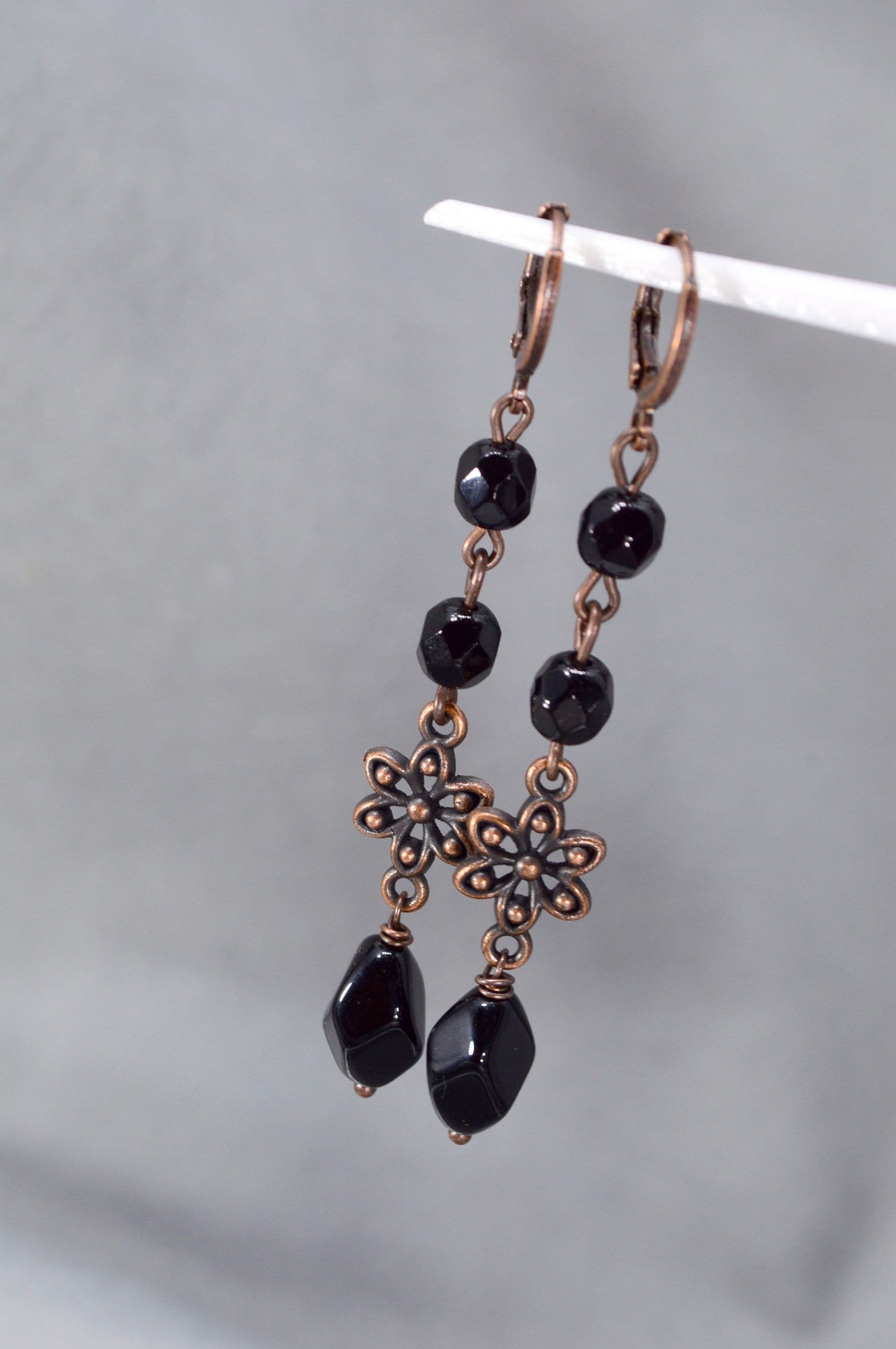 Black earrings, Exclusive Estibela Design Earrings with Black Czech Glass Beads and Copper Flower,  7cm - 2.8"